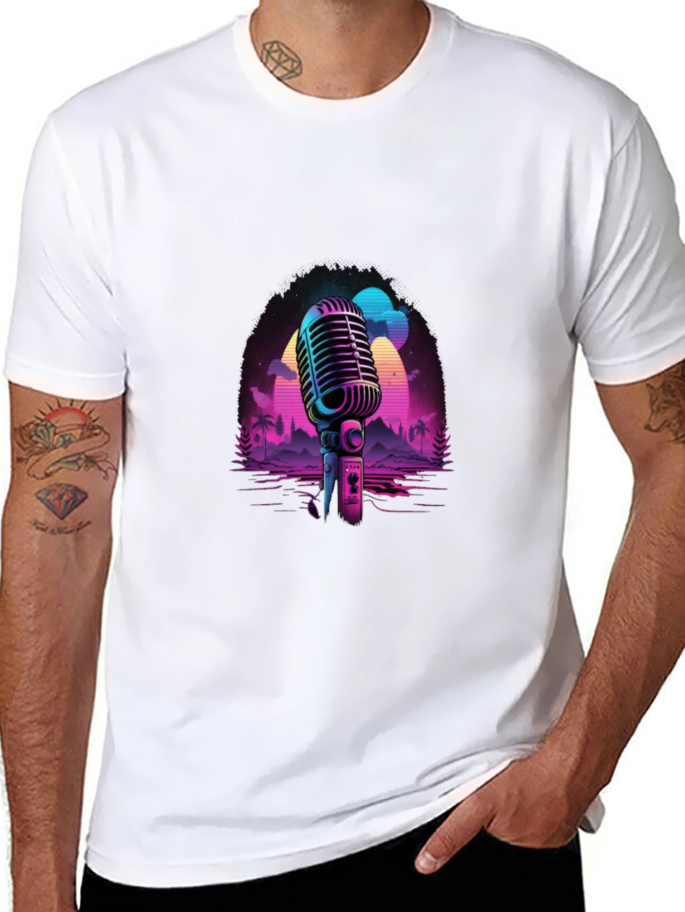 Retro Microphone Graphic Tee - Black Cotton Blend