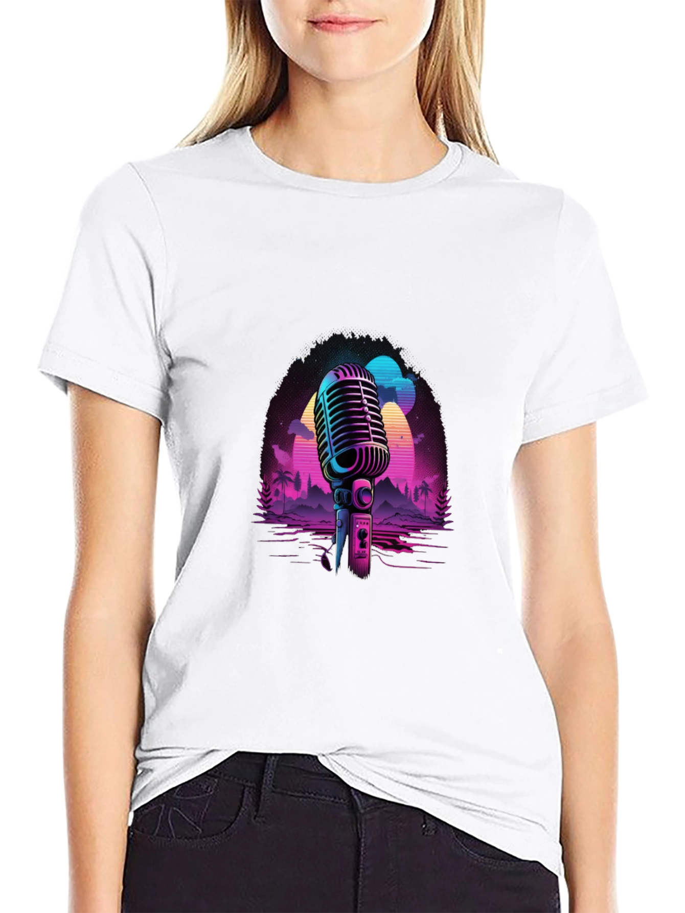 Retro Microphone Graphic Tee - Black Cotton Blend