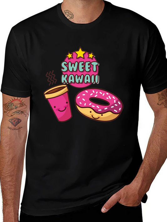 Sweet Kawaii Donut & Coffee Black T-Shirt