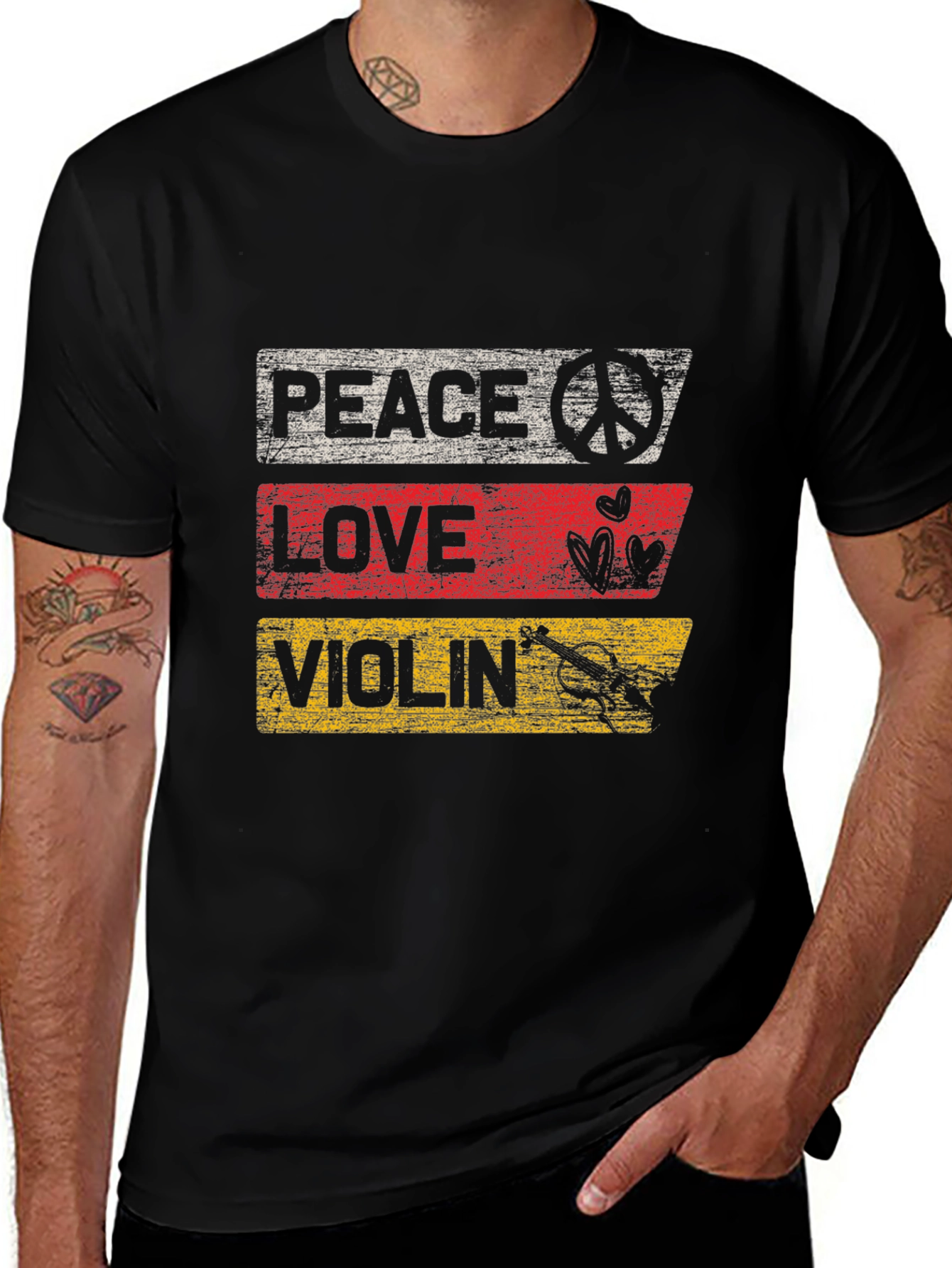 Peace Love Violin Graphic T-Shirt - Black