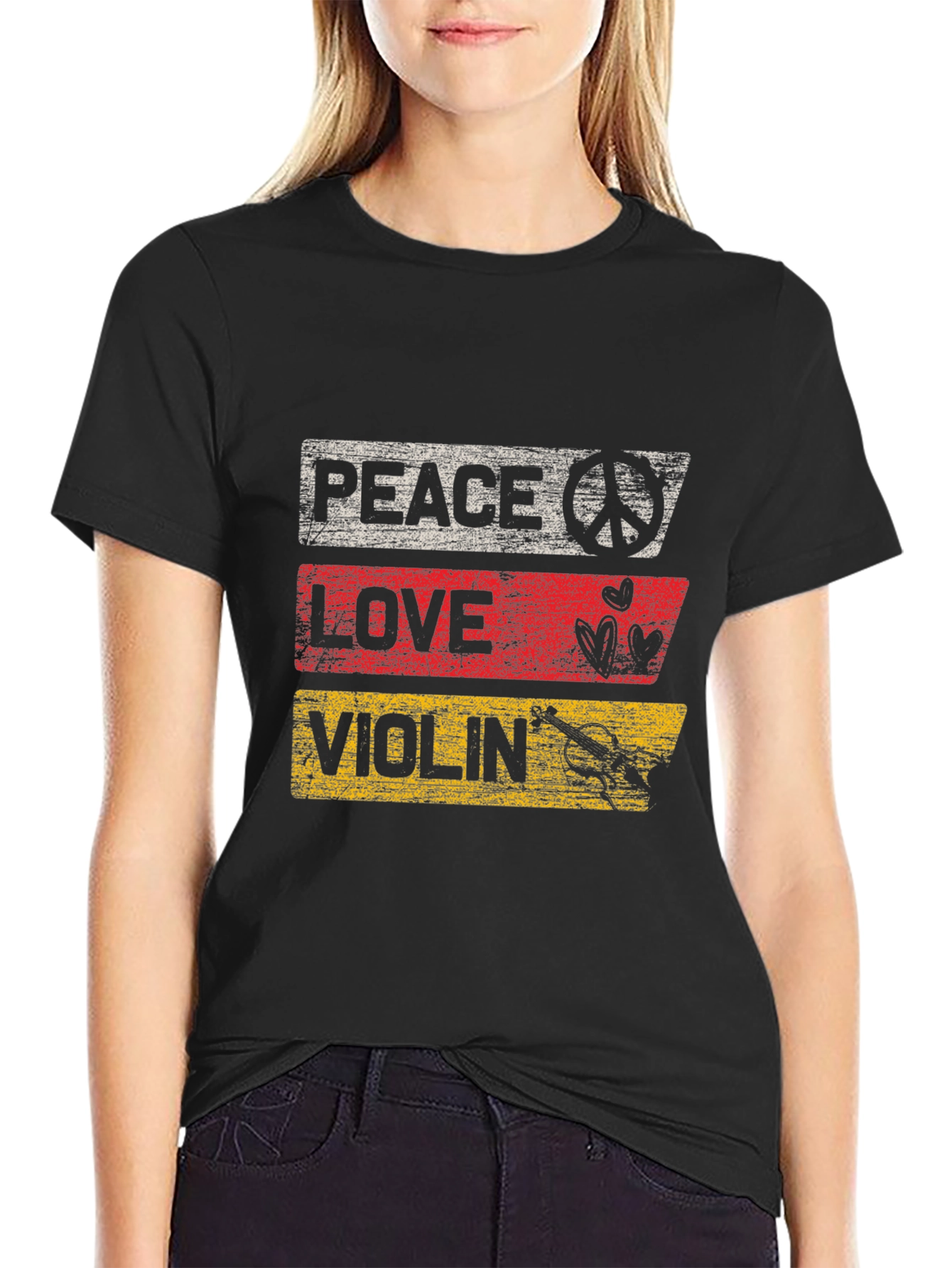 Peace Love Violin Graphic T-Shirt - Black