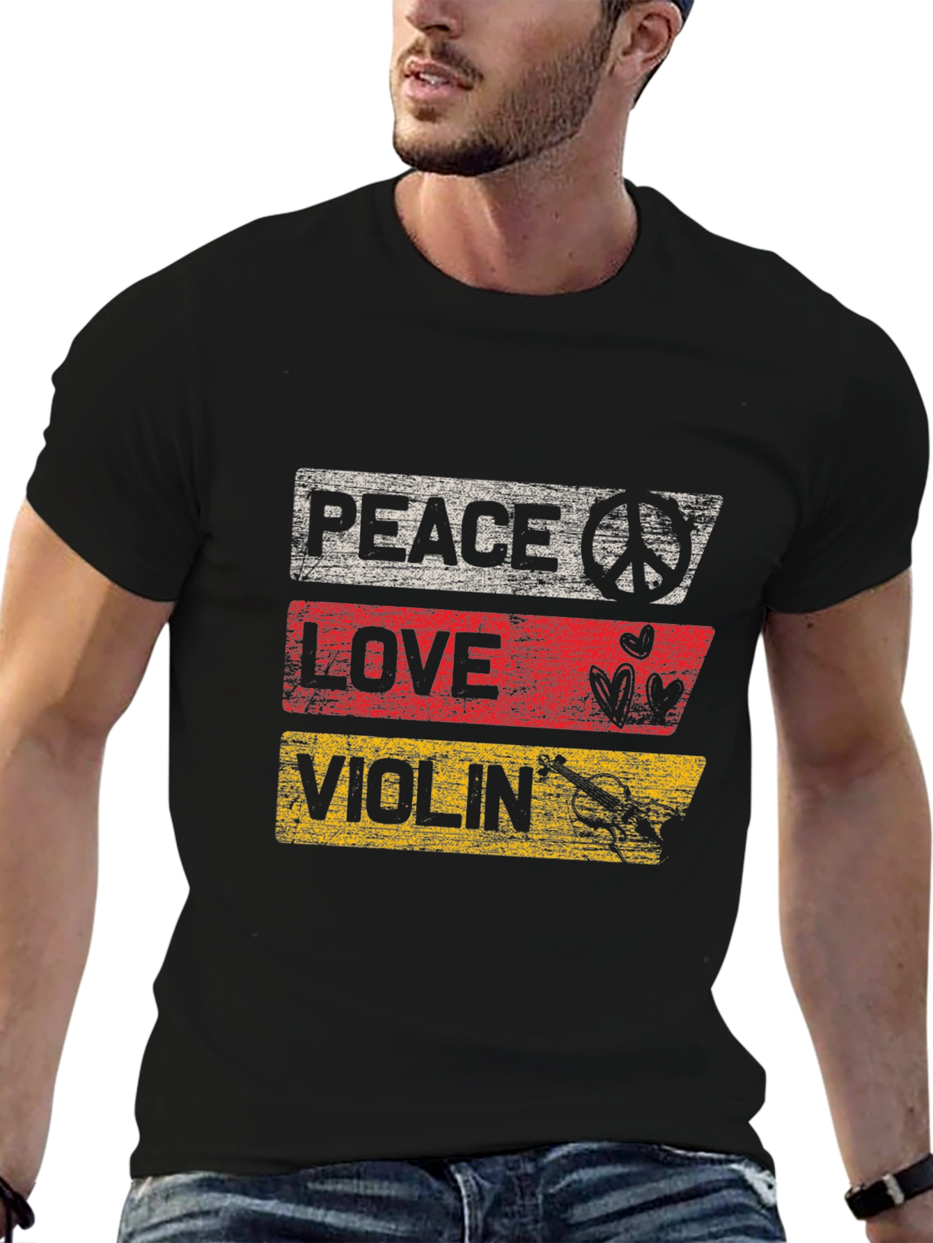 Peace Love Violin Graphic T-Shirt - Black