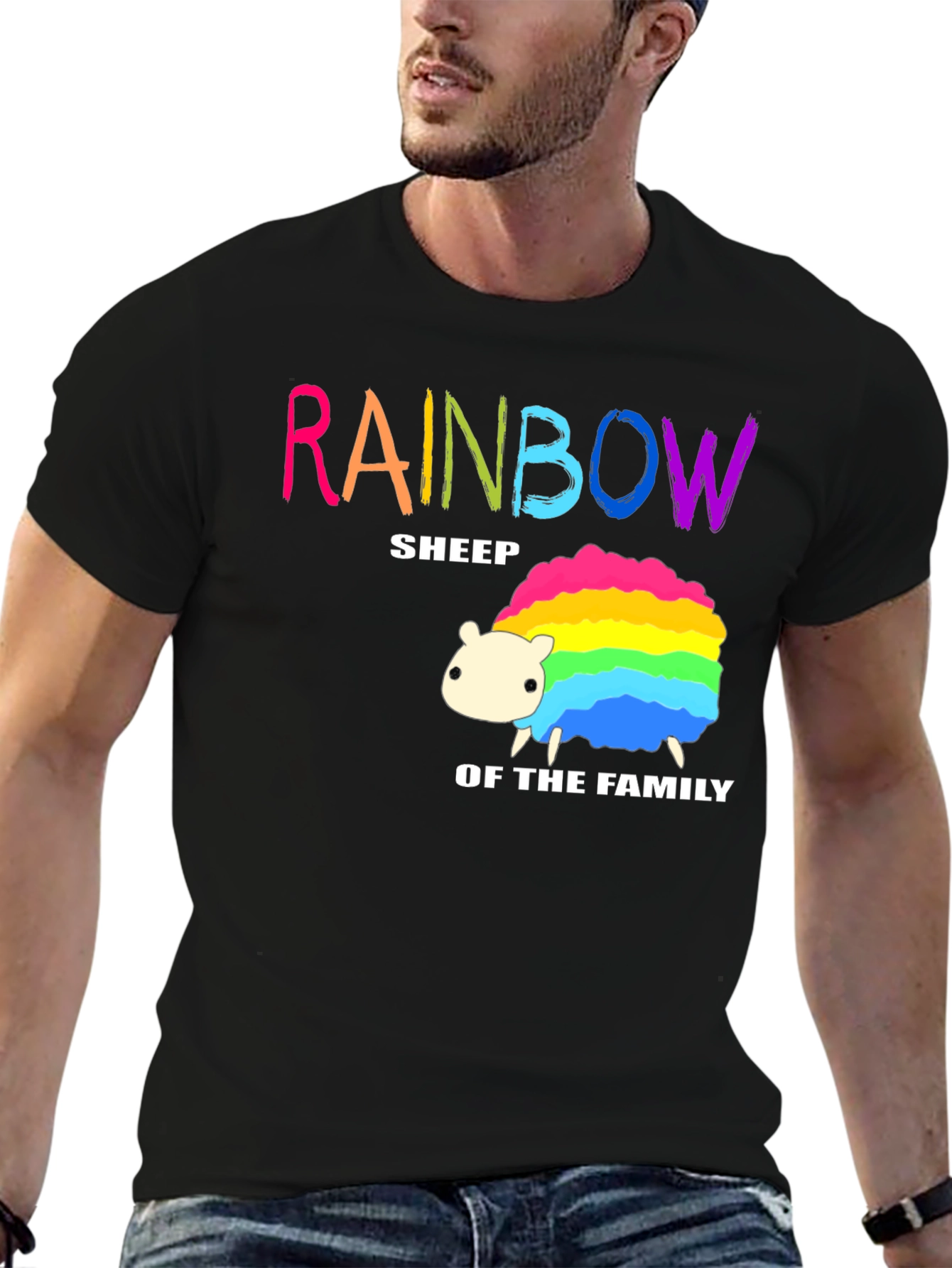 Rainbow Sheep Family T-Shirt - Black Cotton Graphic Tee
