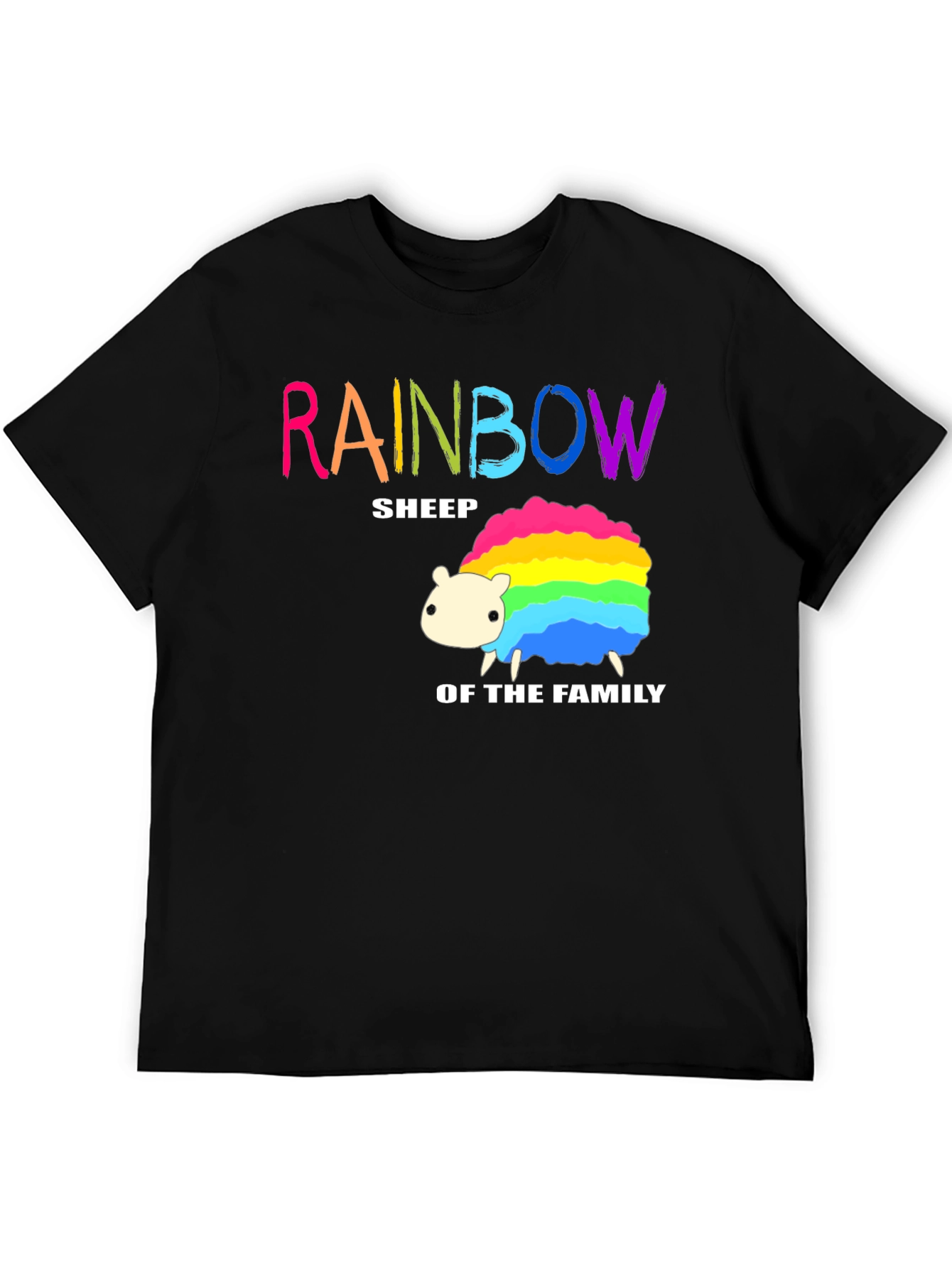 Rainbow Sheep Family T-Shirt - Black Cotton Graphic Tee
