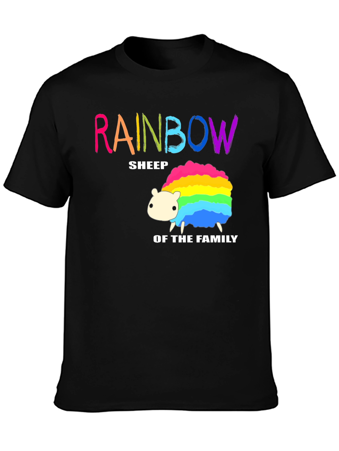 Rainbow Sheep Family T-Shirt - Black Cotton Graphic Tee