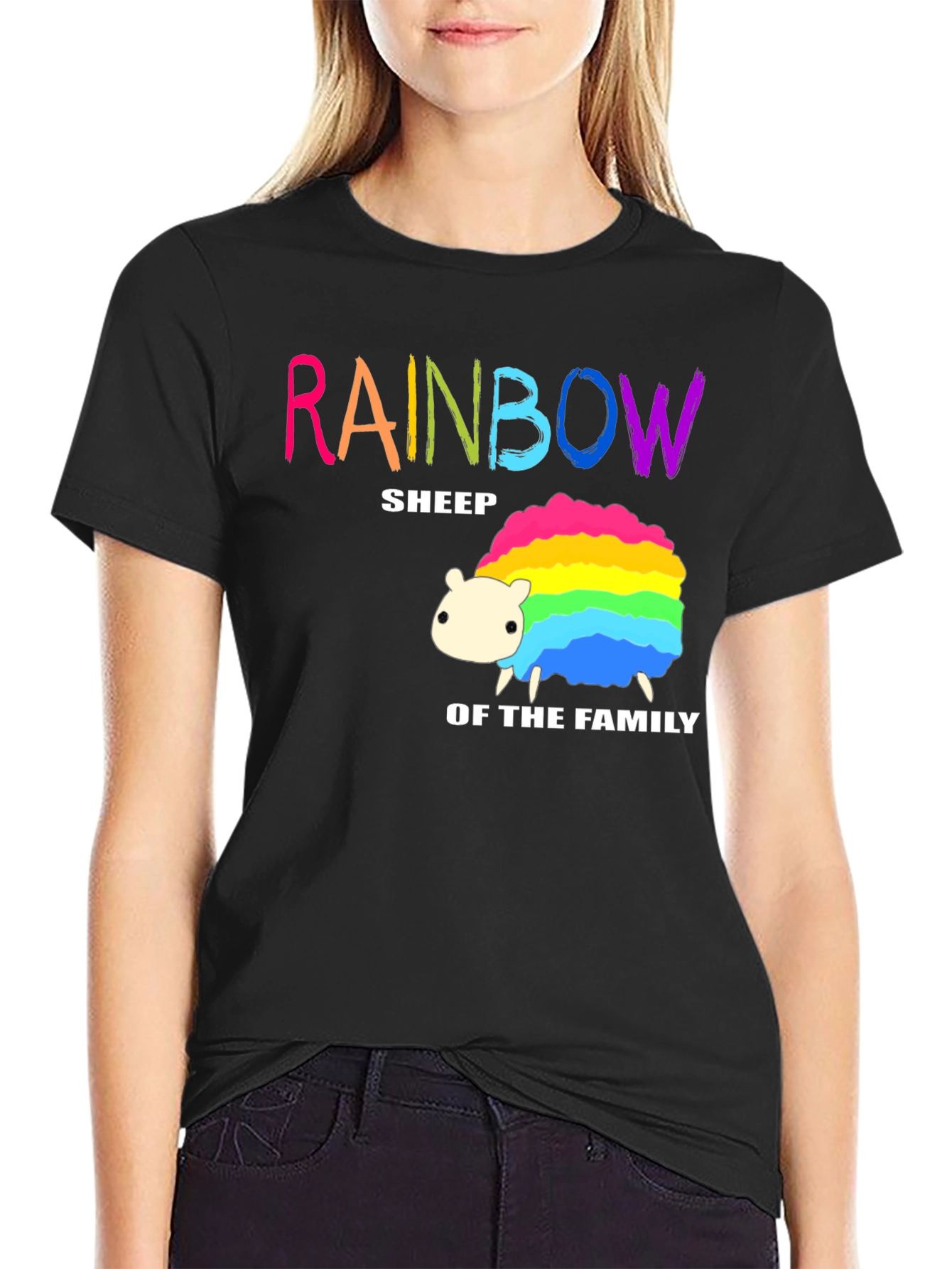 Rainbow Sheep Family T-Shirt - Black Cotton Graphic Tee