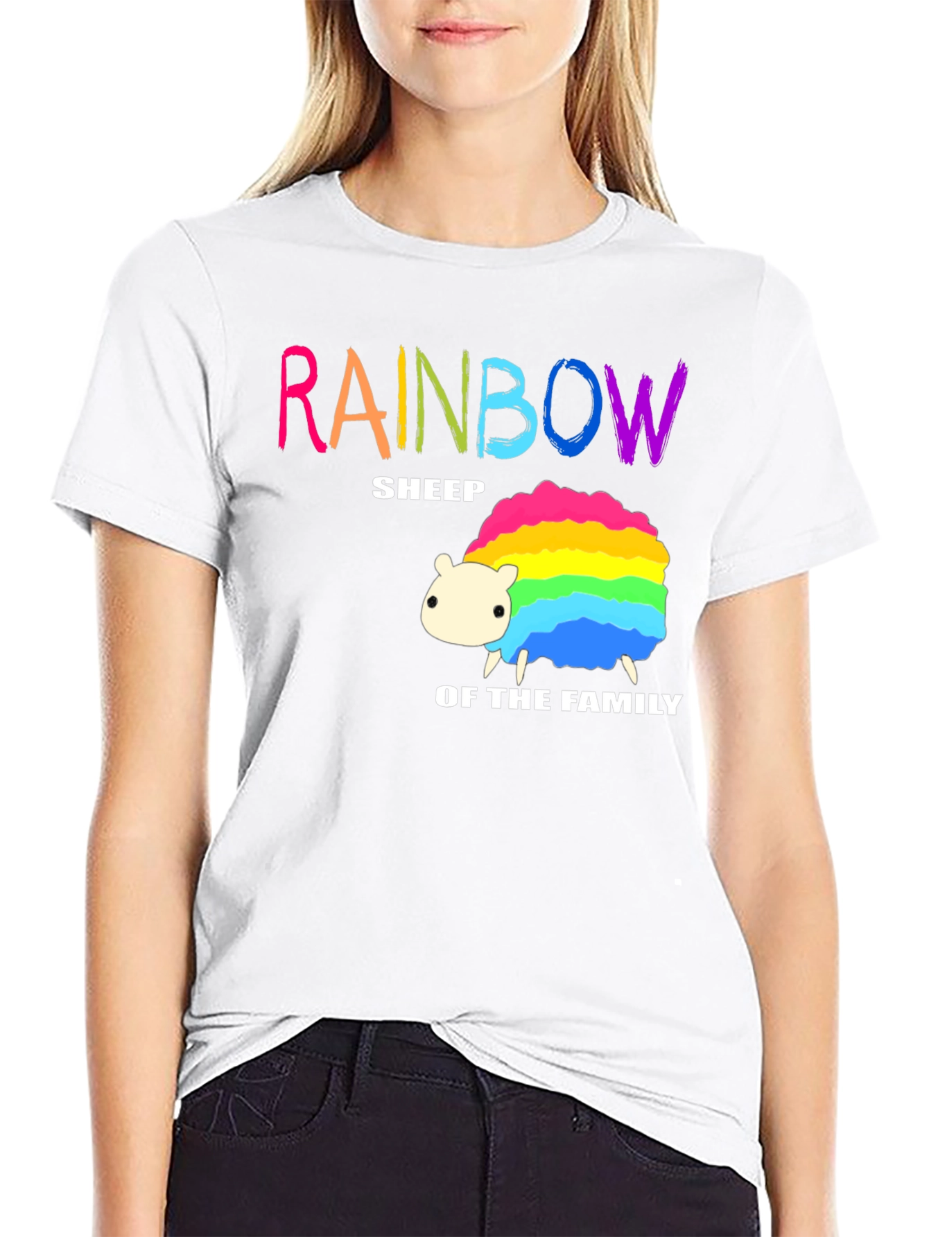 Rainbow Sheep Family T-Shirt - Black Cotton Graphic Tee