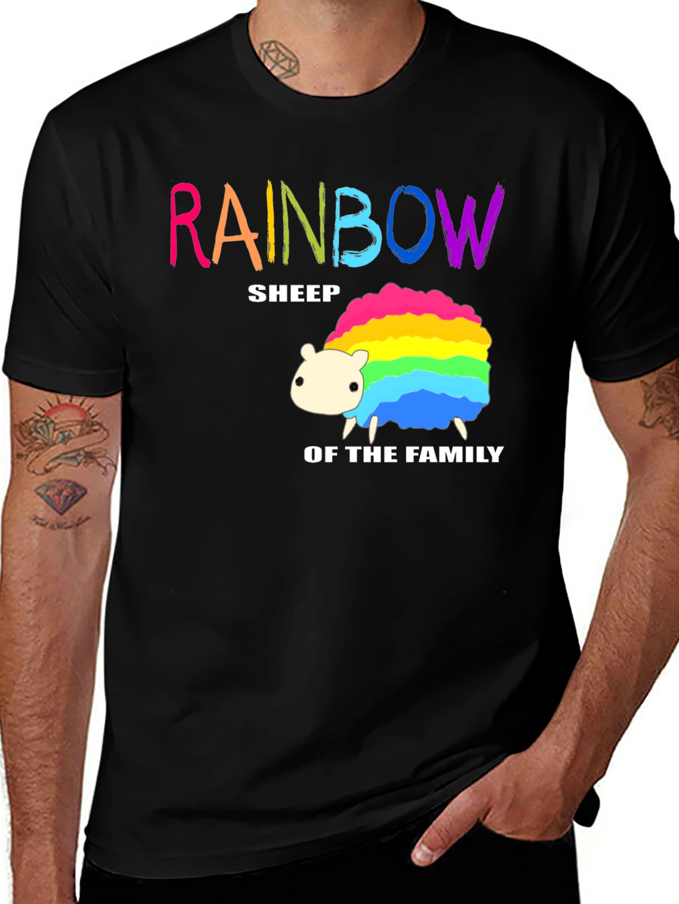 Rainbow Sheep Family T-Shirt - Black Cotton Graphic Tee