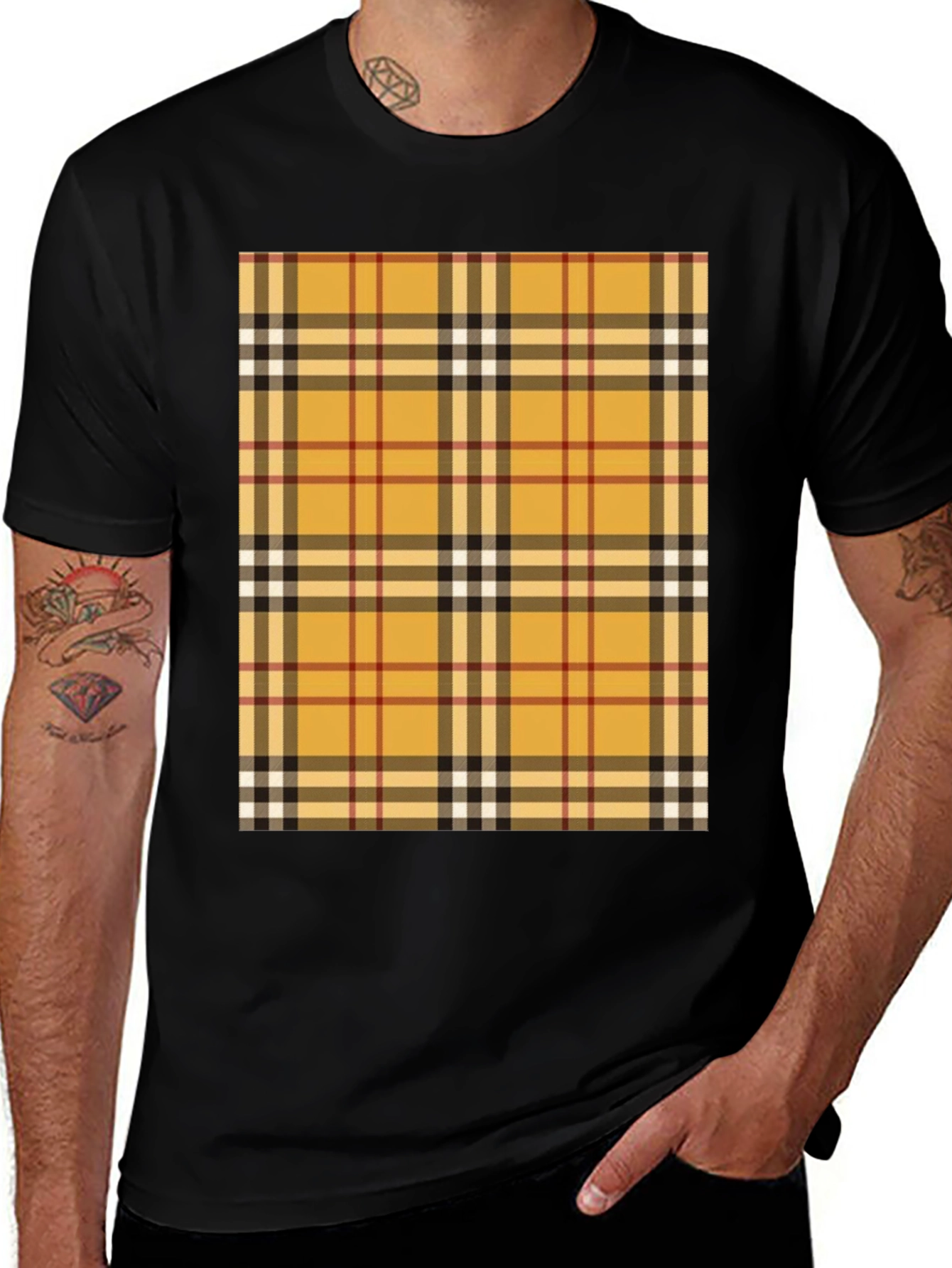 Mens Black T-Shirt with Plaid Print
