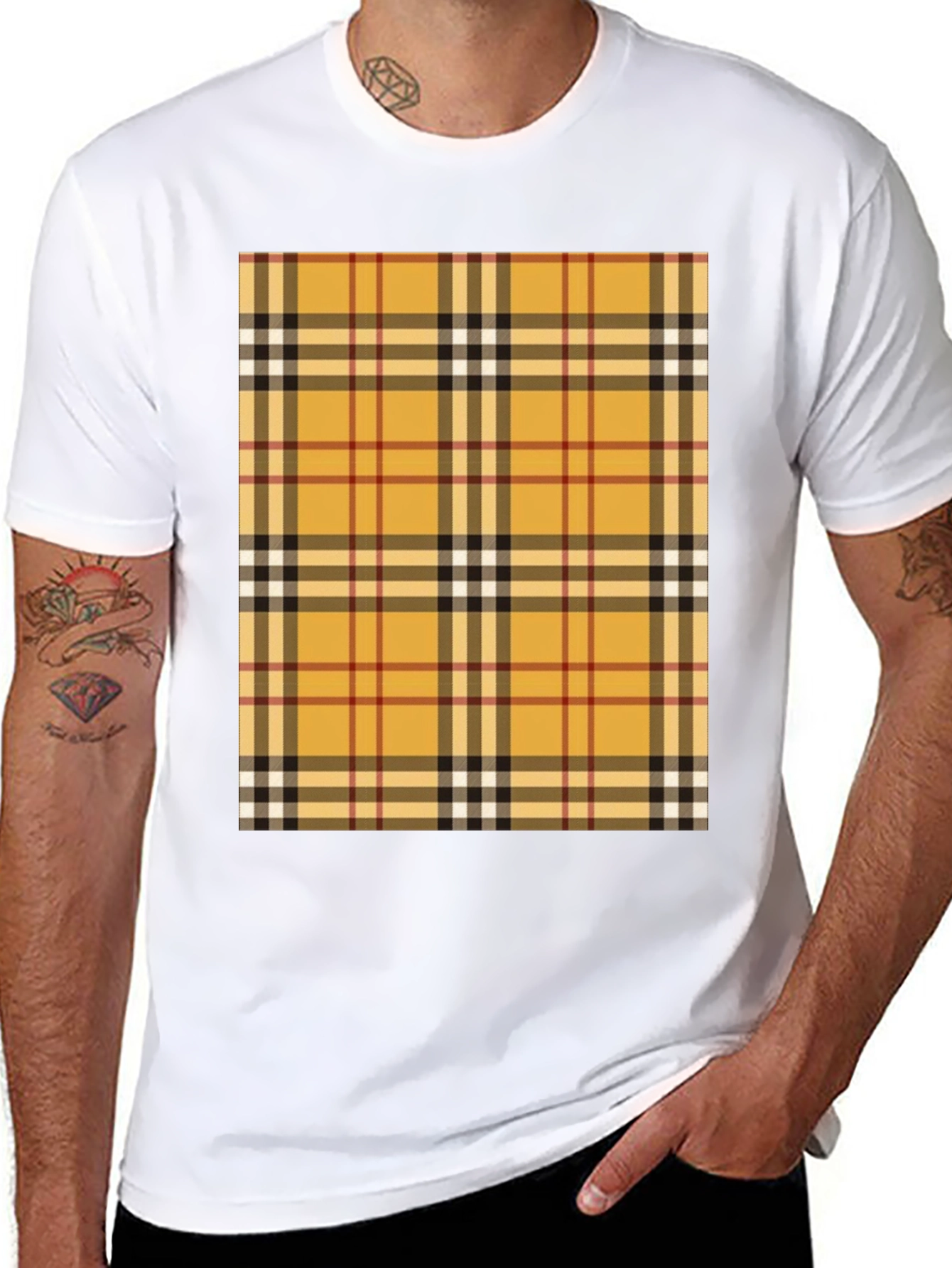 Mens Black T-Shirt with Plaid Print