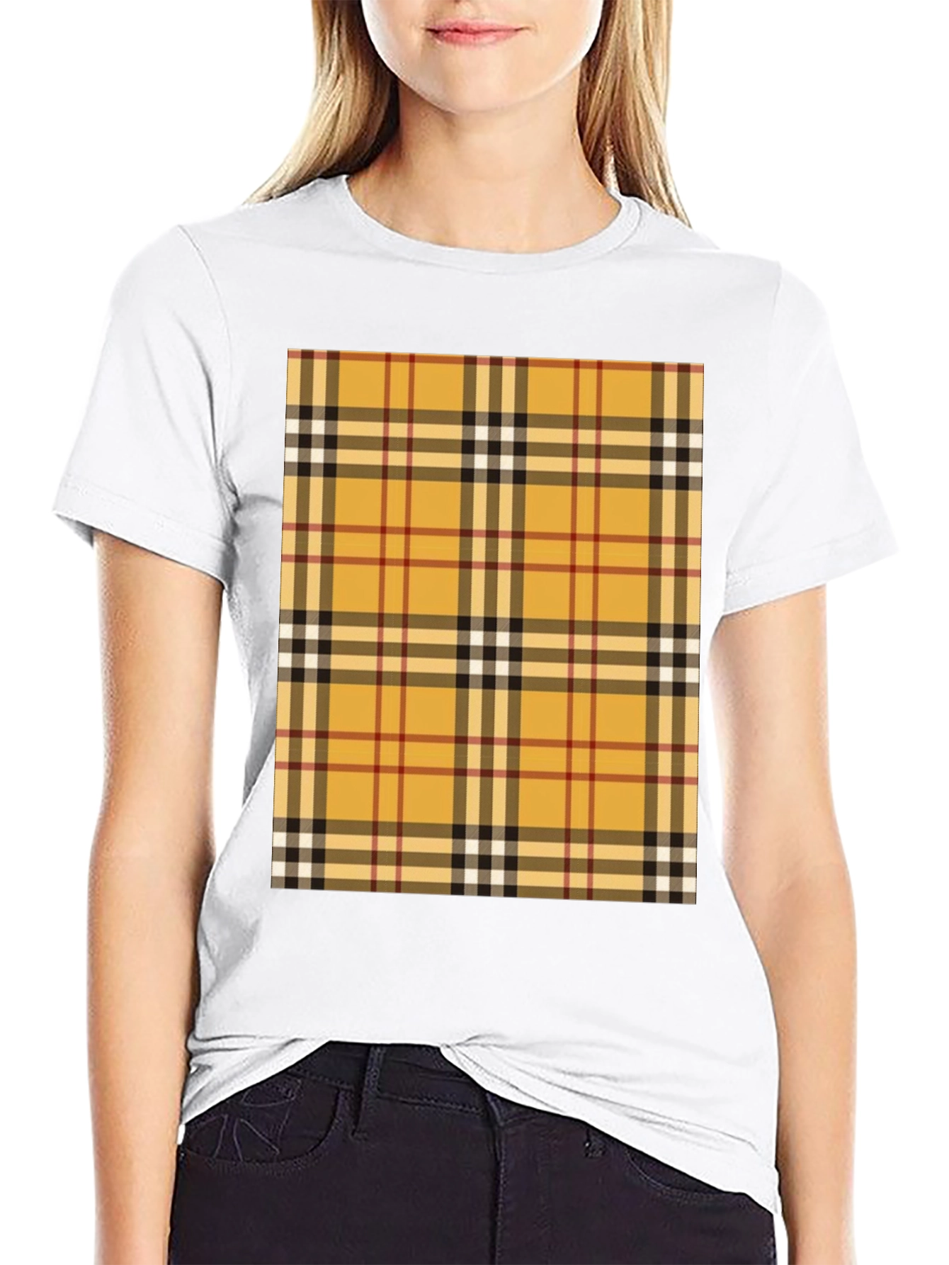 Mens Black T-Shirt with Plaid Print