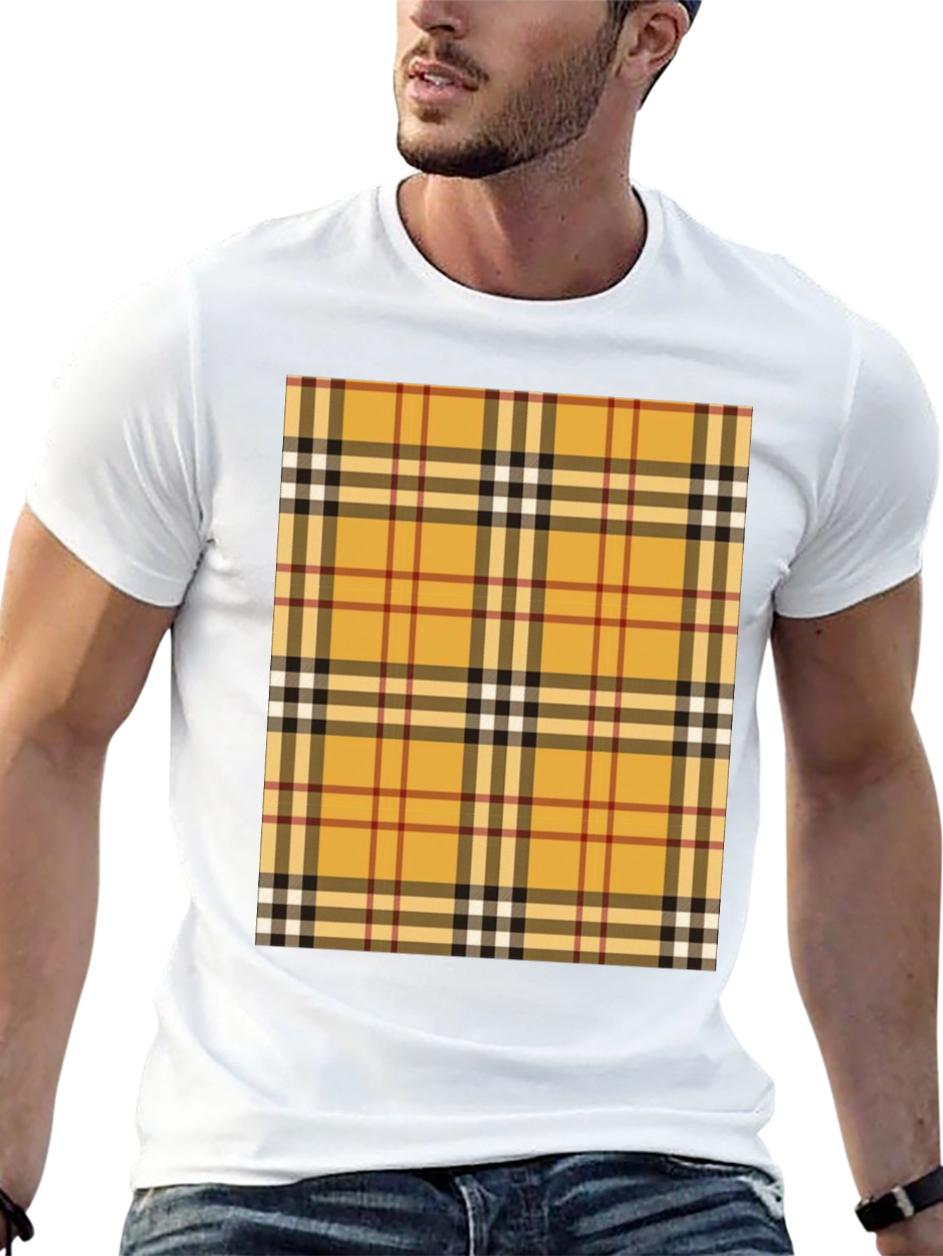 Mens Black T-Shirt with Plaid Print