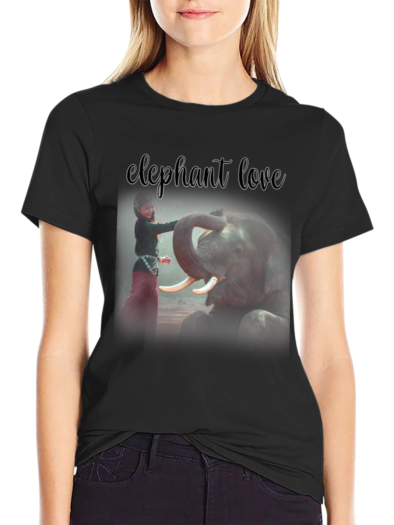 Elephant Love Graphic Tee - Black Cotton T-Shirt