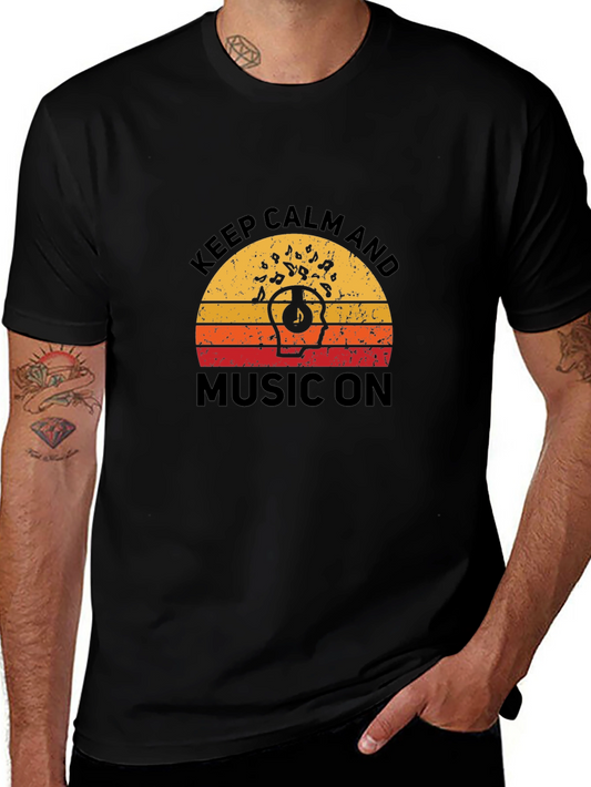 Keep Calm & Music On Tee - Retro Sunset Graphic