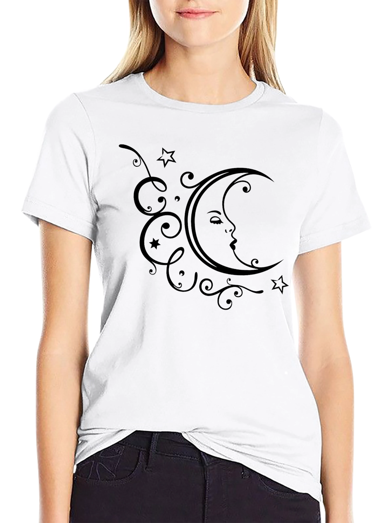 Crescent Moon Face Graphic T-Shirt - Stylish Black Tee