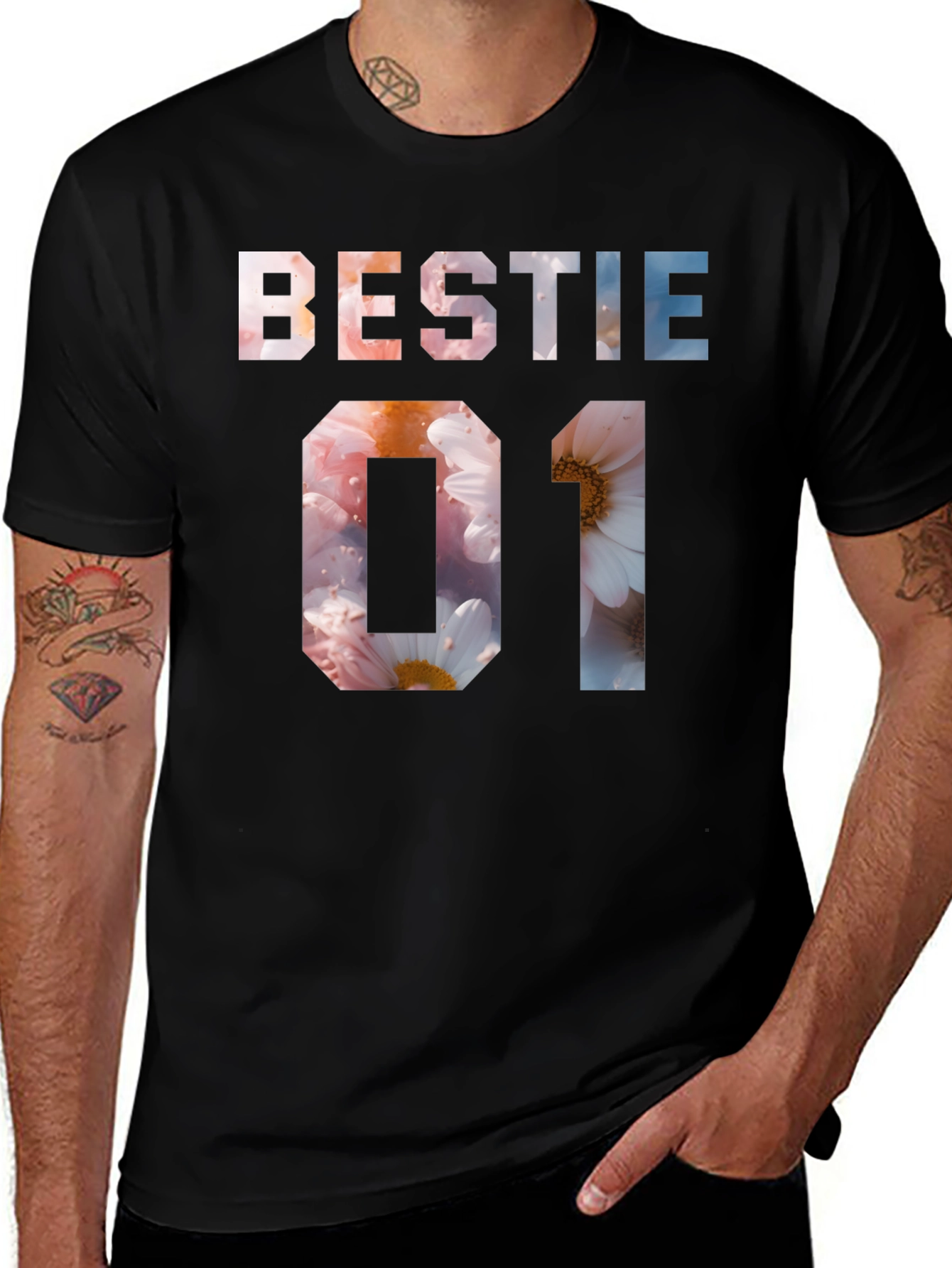 Bestie 01 Floral Print Black T-Shirt