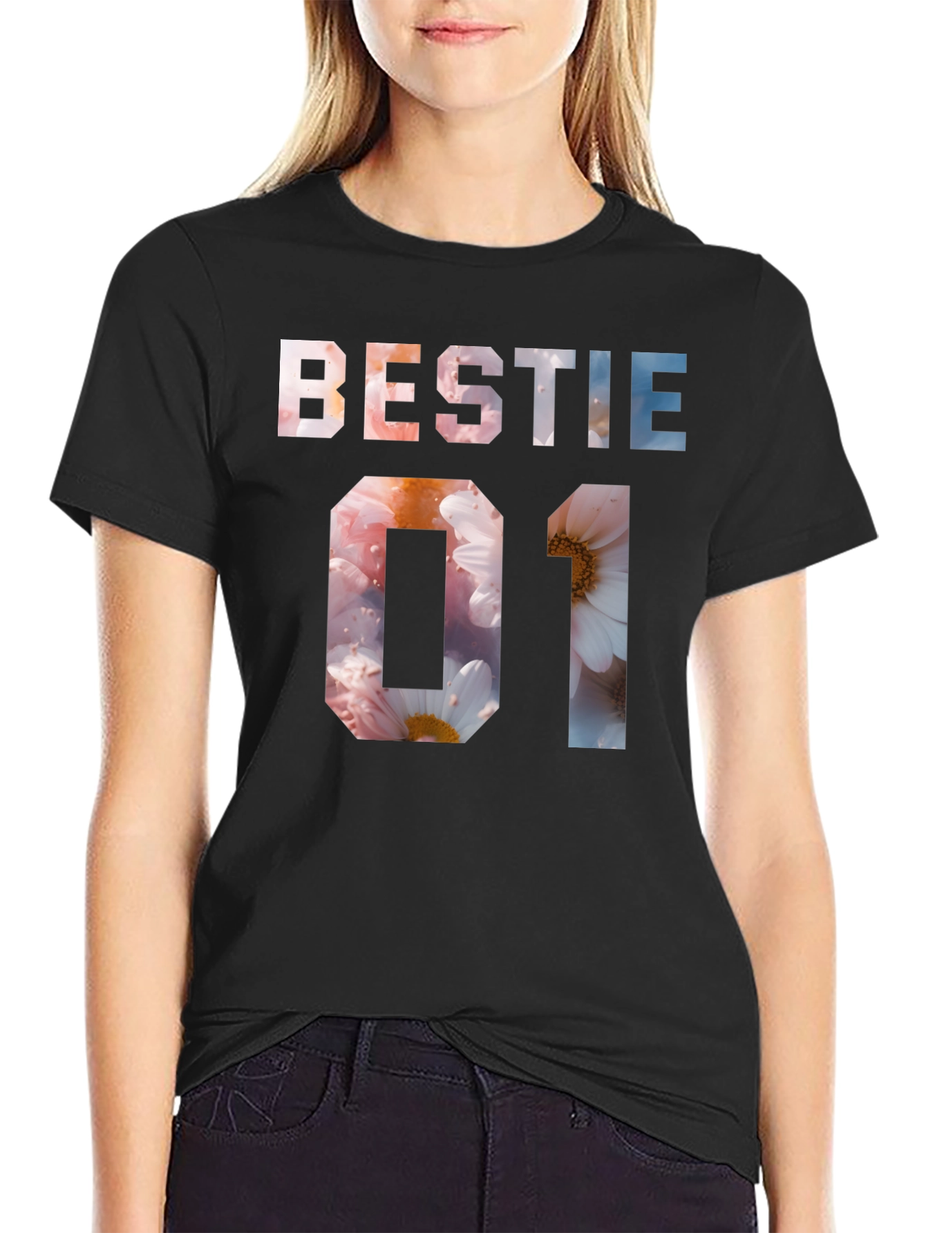 Bestie 01 Floral Print Black T-Shirt