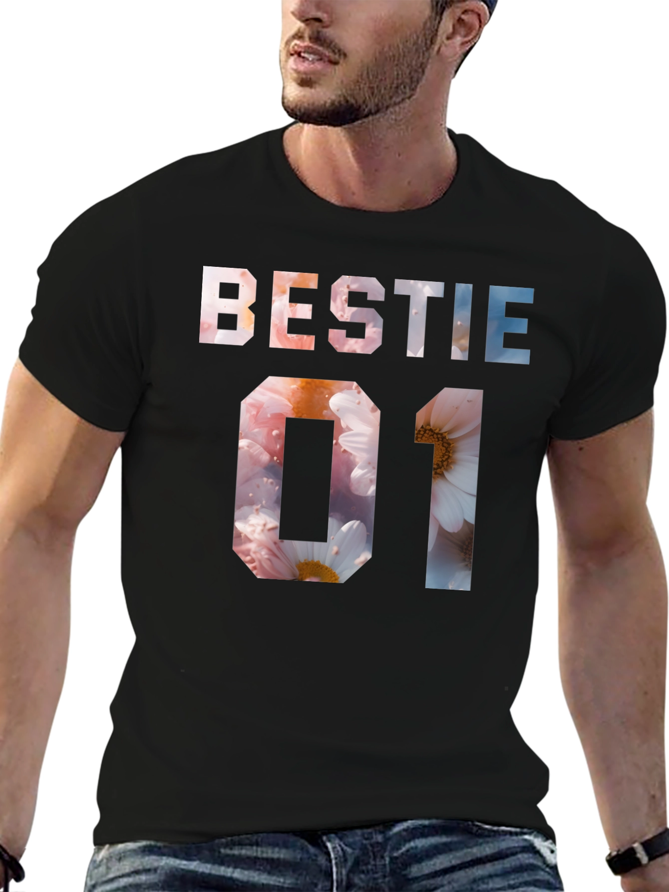 Bestie 01 Floral Print Black T-Shirt