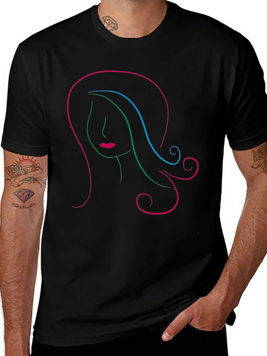 Minimalist Woman Face Line Art Black T-Shirt
