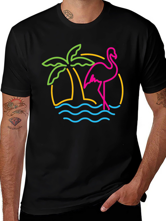 Neon Flamingo Palm Tree Graphic Tee - Black