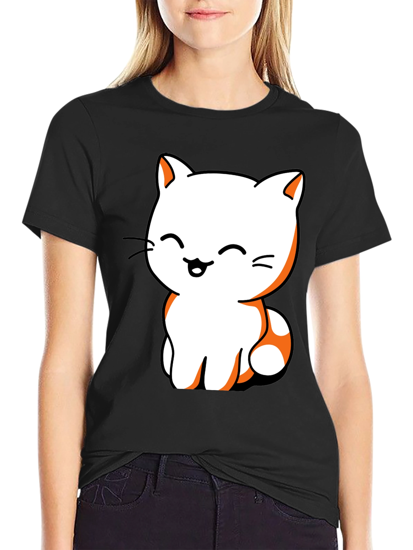 Cute Cat Graphic Tee - Black