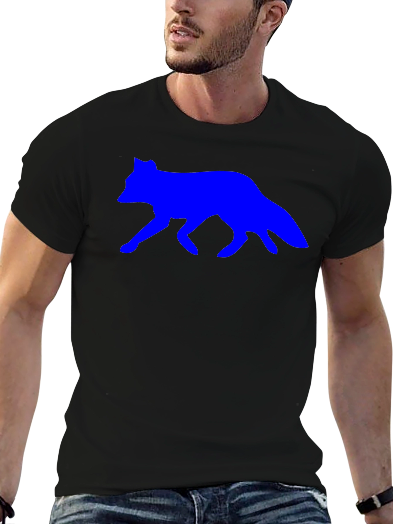 Mens Black T-Shirt with Blue Wolf Design
