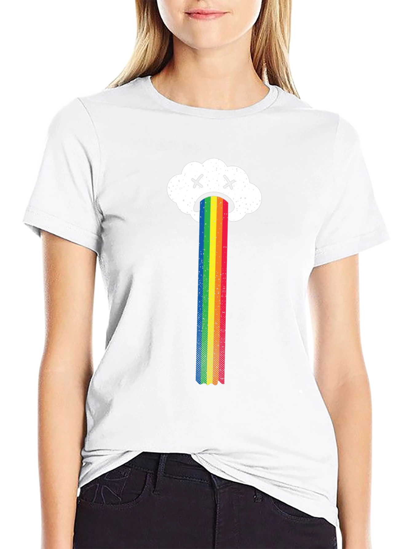Sad Cloud Rainbow Graphic Tee - Black Casual T-Shirt