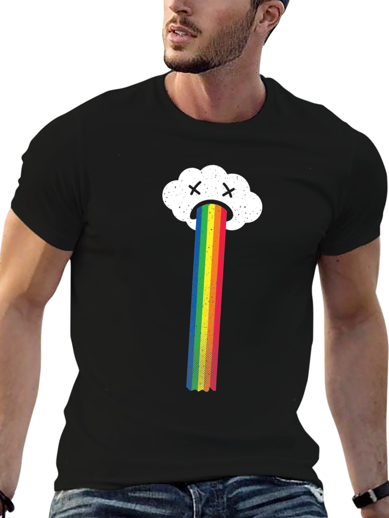 Sad Cloud Rainbow Graphic Tee - Black Casual T-Shirt