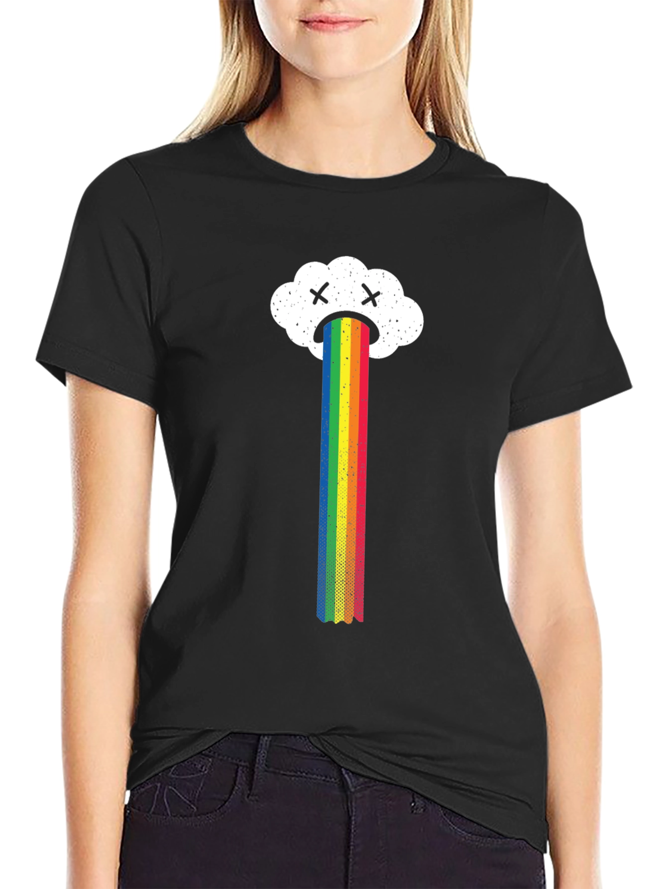 Sad Cloud Rainbow Graphic Tee - Black Casual T-Shirt