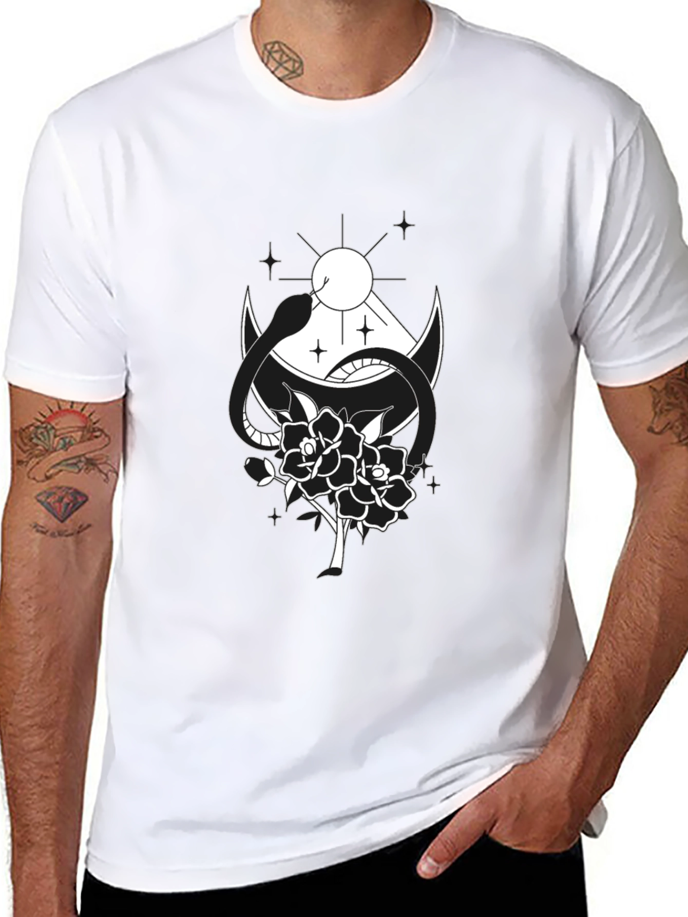 Black T-Shirt with Snake & Rose Graphic