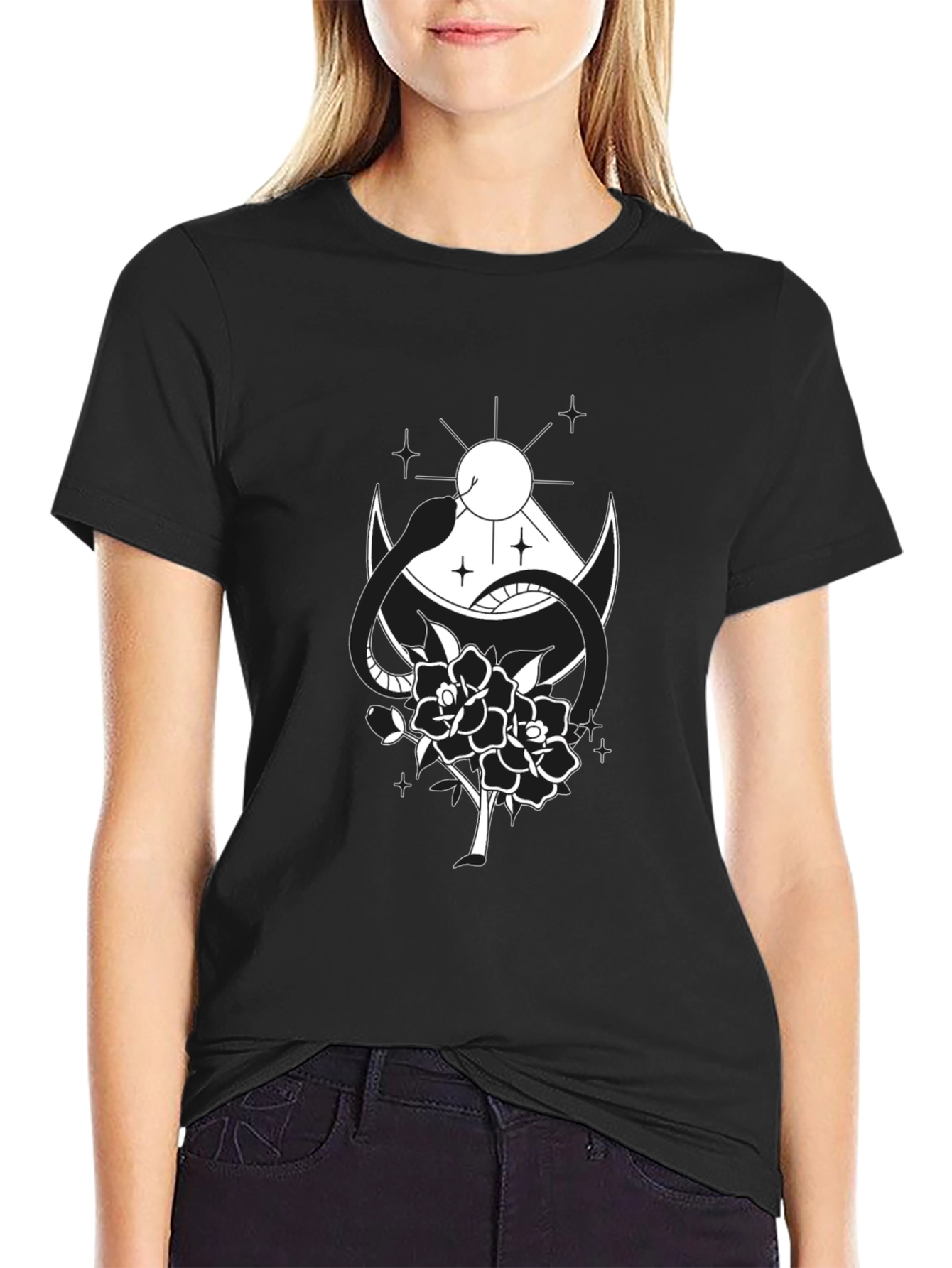 Black T-Shirt with Snake & Rose Graphic