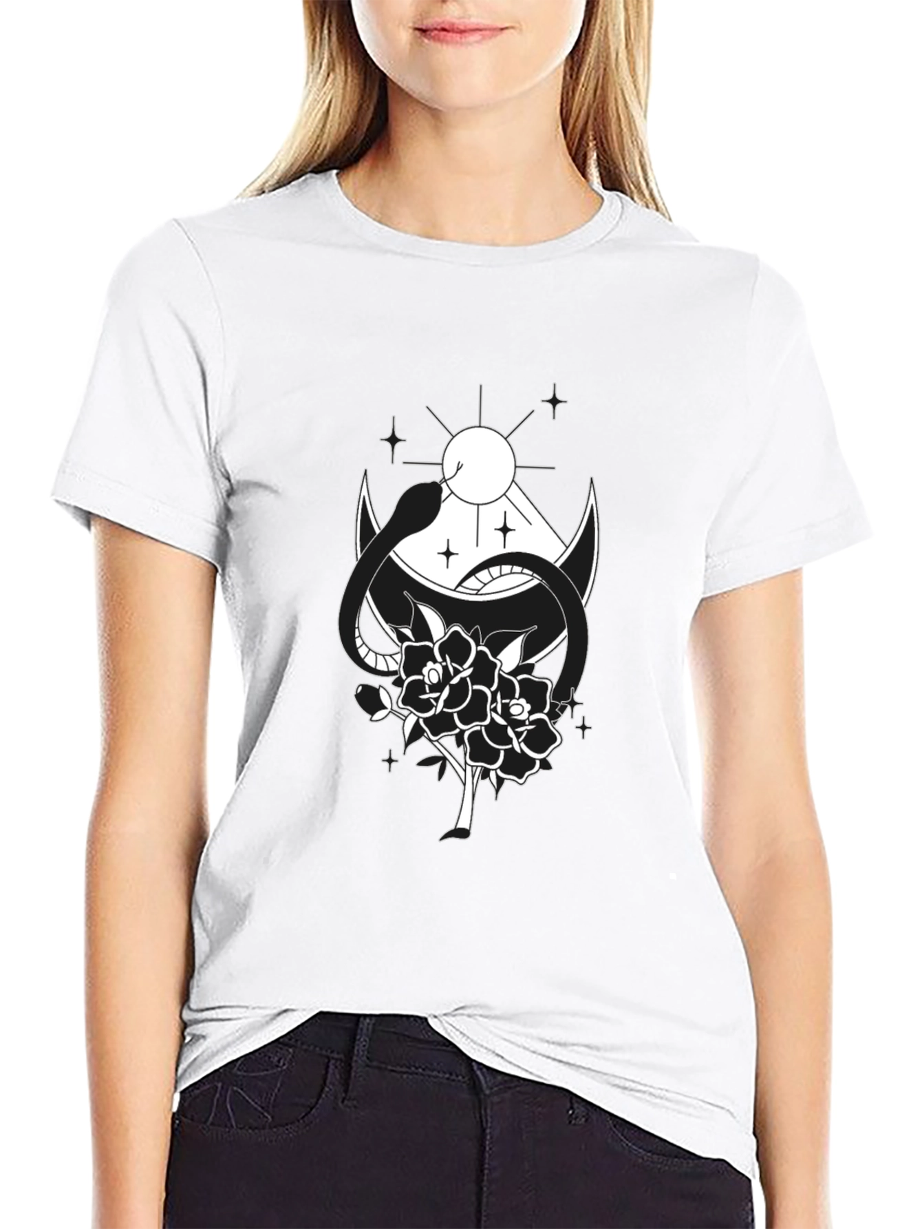 Black T-Shirt with Snake & Rose Graphic