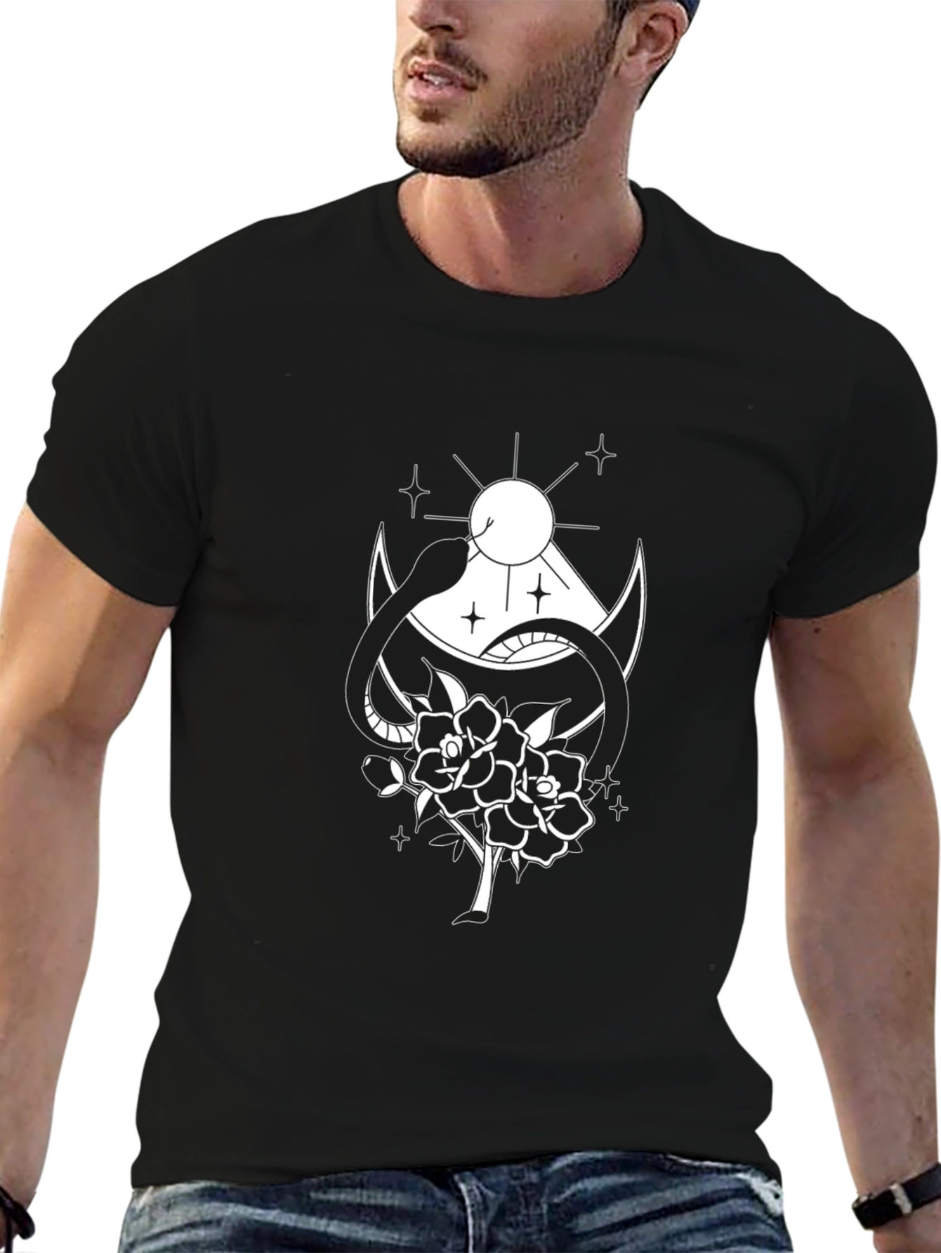 Black T-Shirt with Snake & Rose Graphic