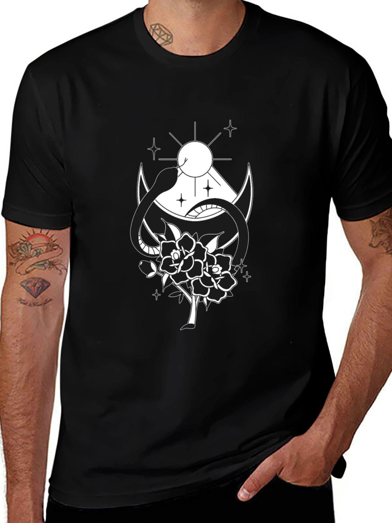 Black T-Shirt with Snake & Rose Graphic