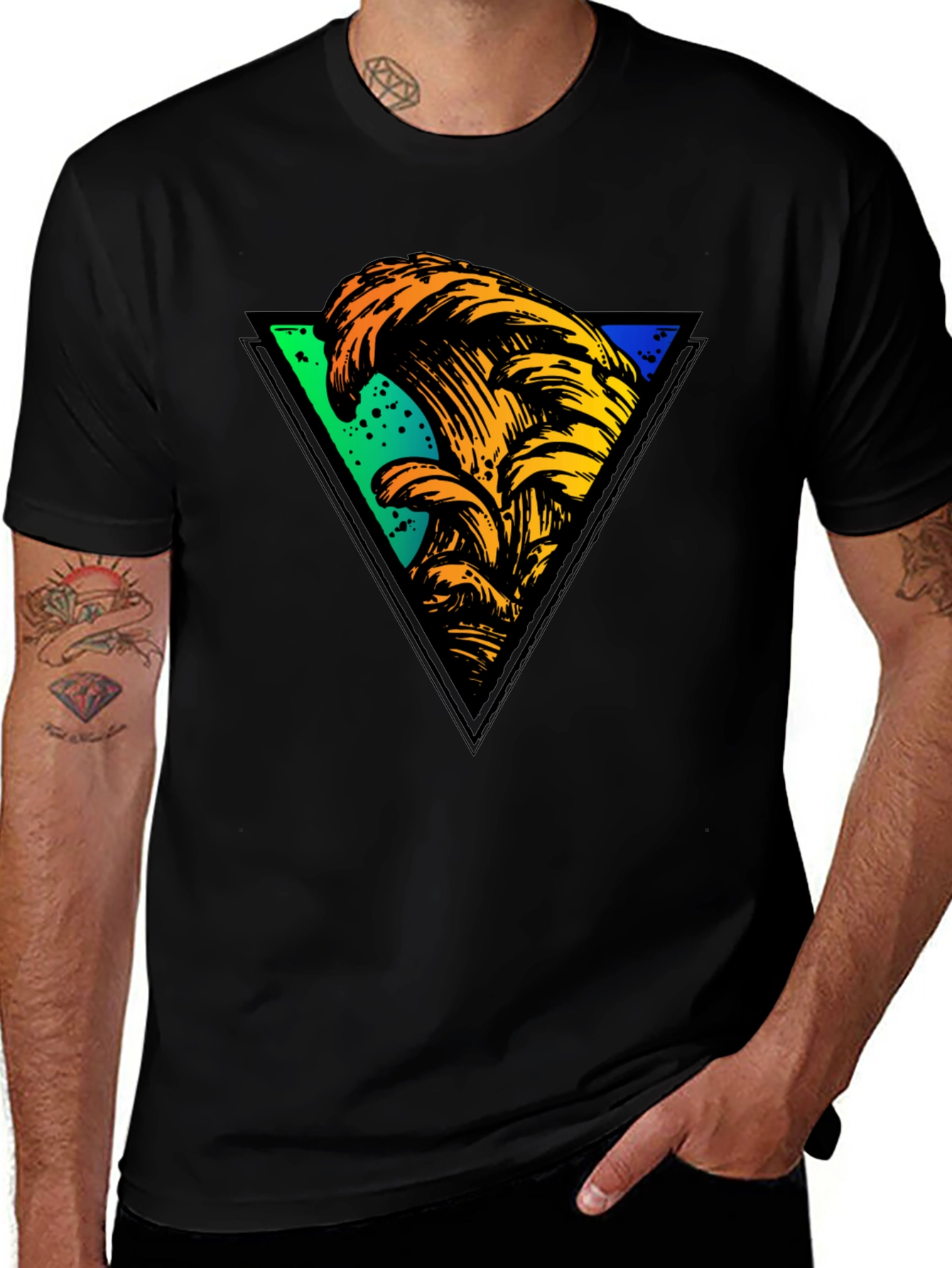 Wave Triangle Graphic Tee - Black Cotton T-Shirt