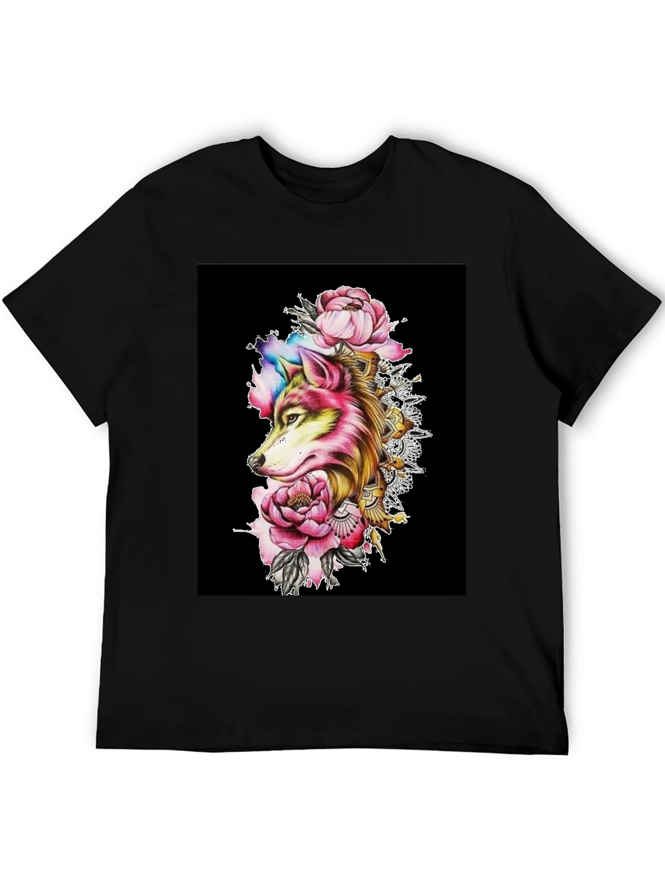 Wolf & Floral Graphic Black T-Shirt