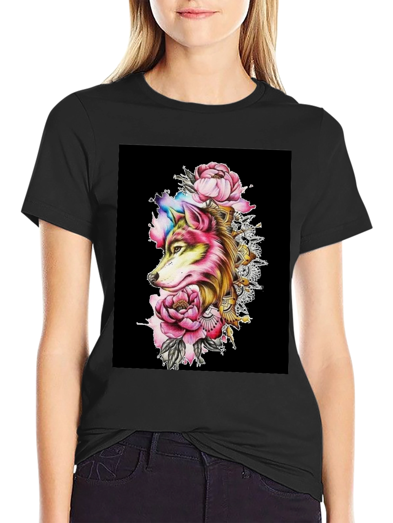 Wolf & Floral Graphic Black T-Shirt