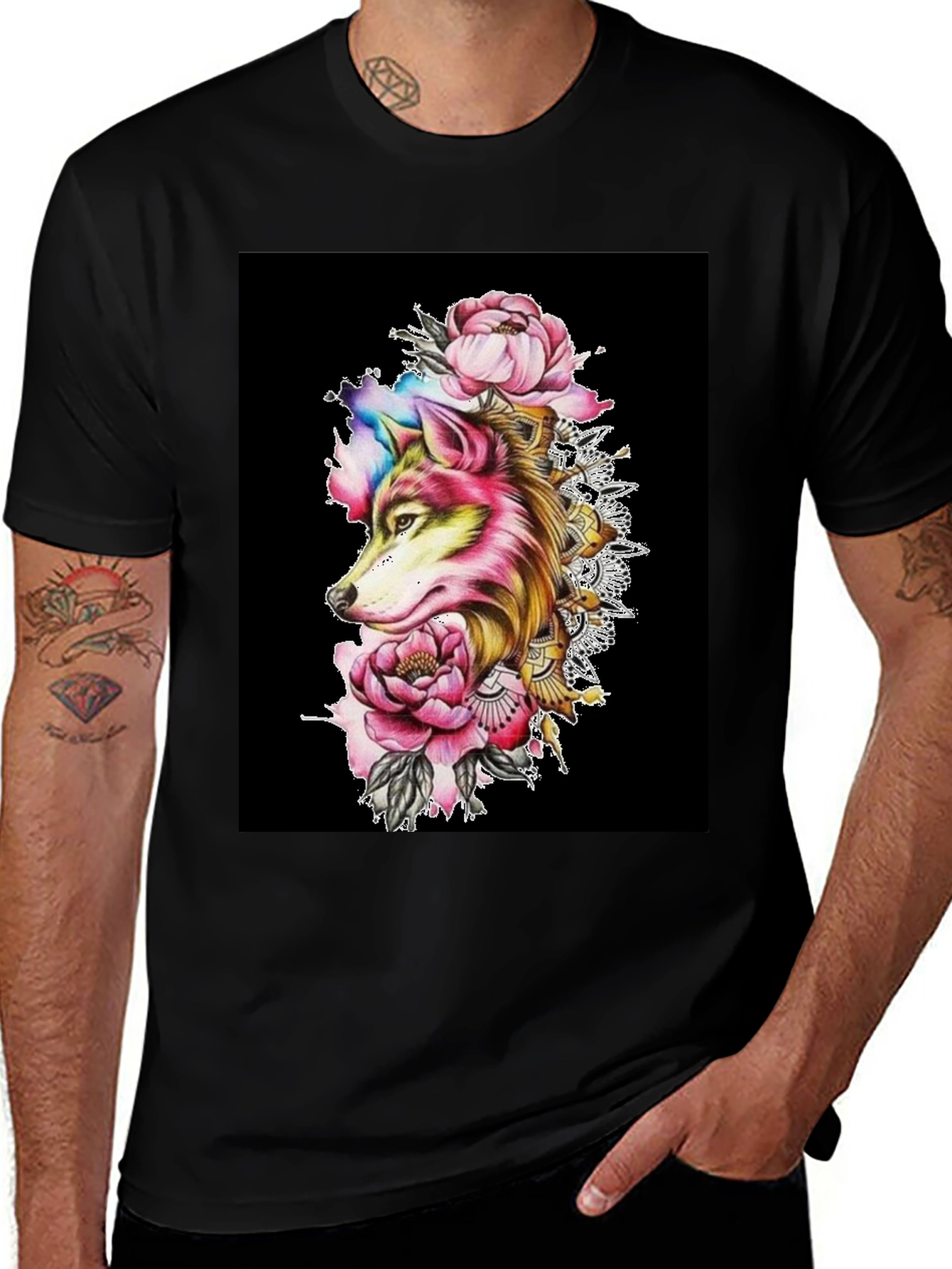 Wolf & Floral Graphic Black T-Shirt