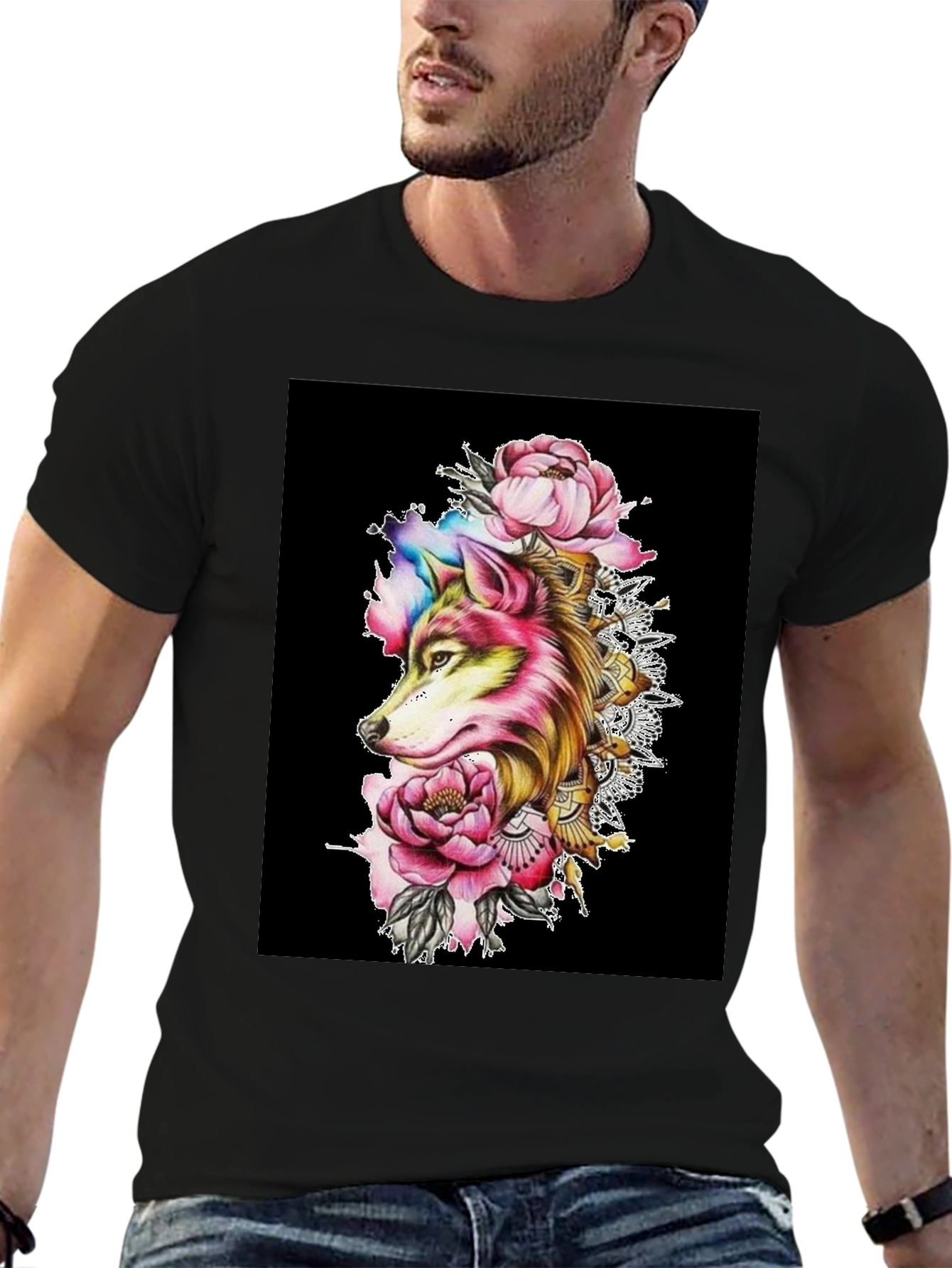 Wolf & Floral Graphic Black T-Shirt
