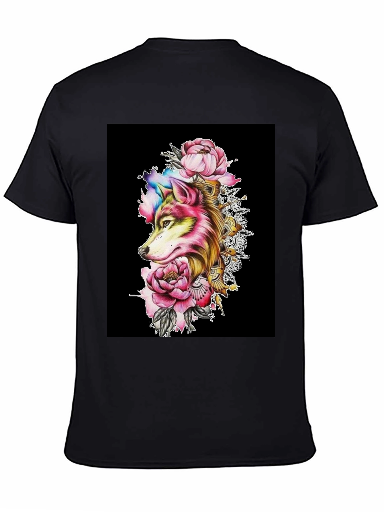 Wolf & Floral Graphic Black T-Shirt