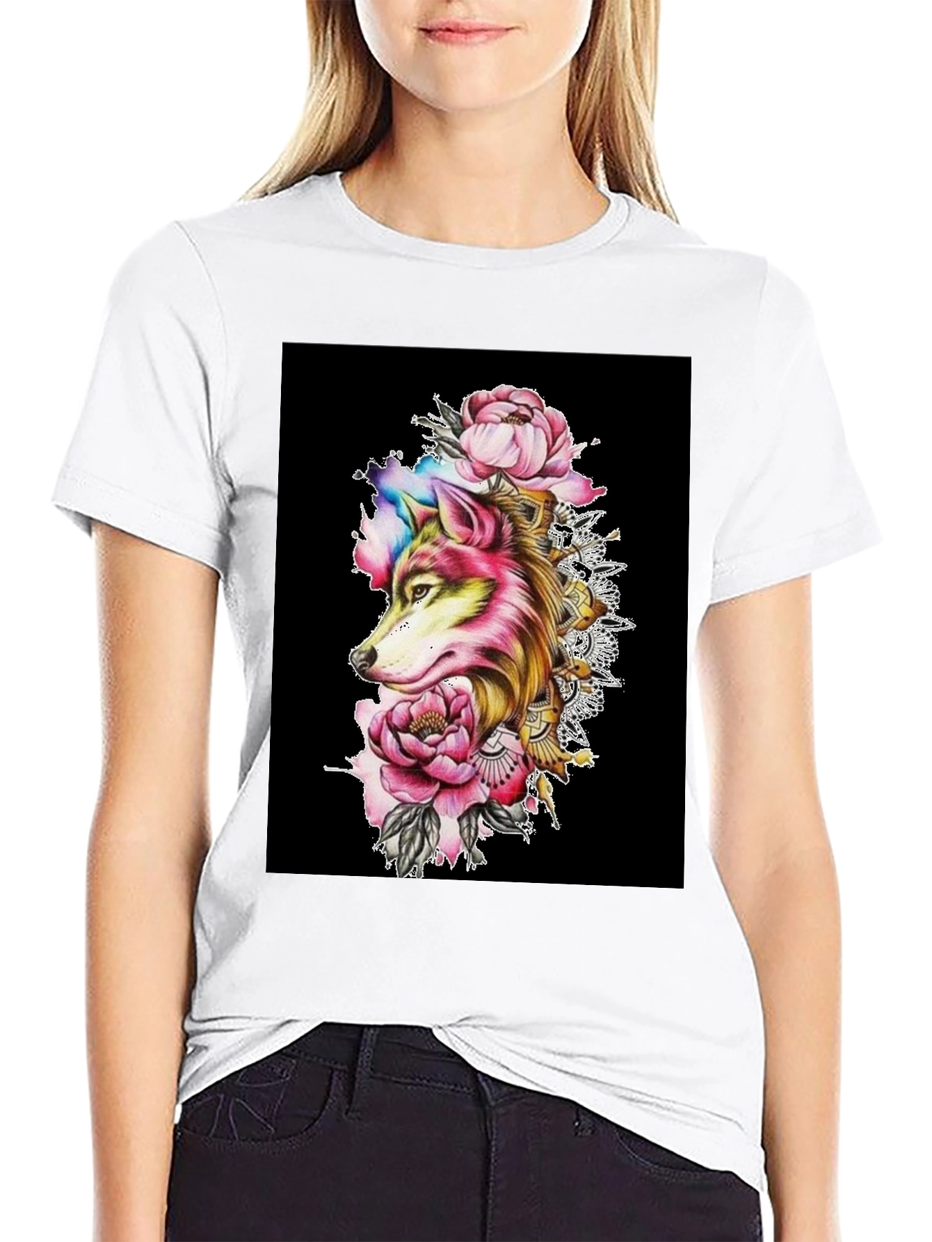Wolf & Floral Graphic Black T-Shirt