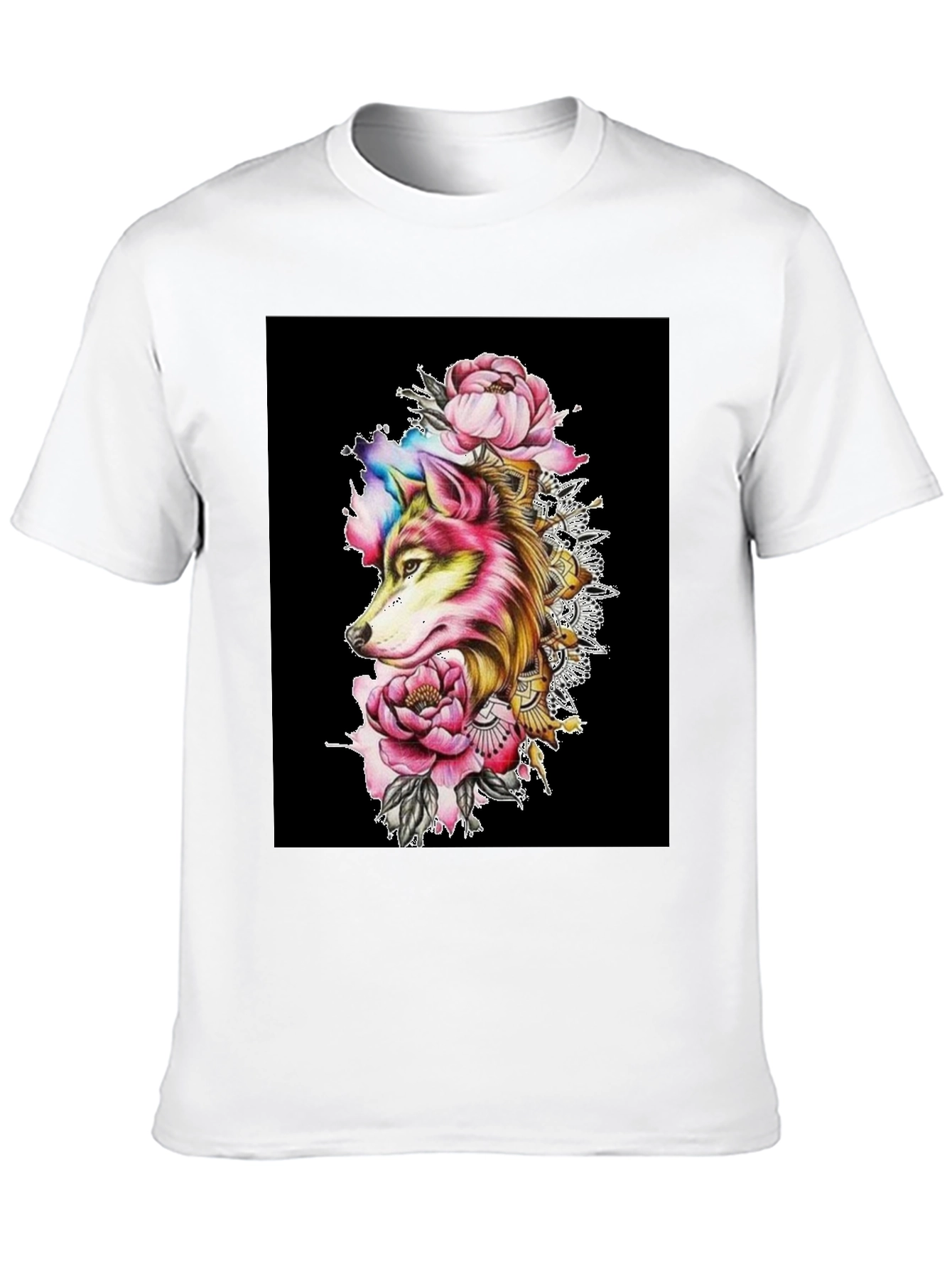 Wolf & Floral Graphic Black T-Shirt