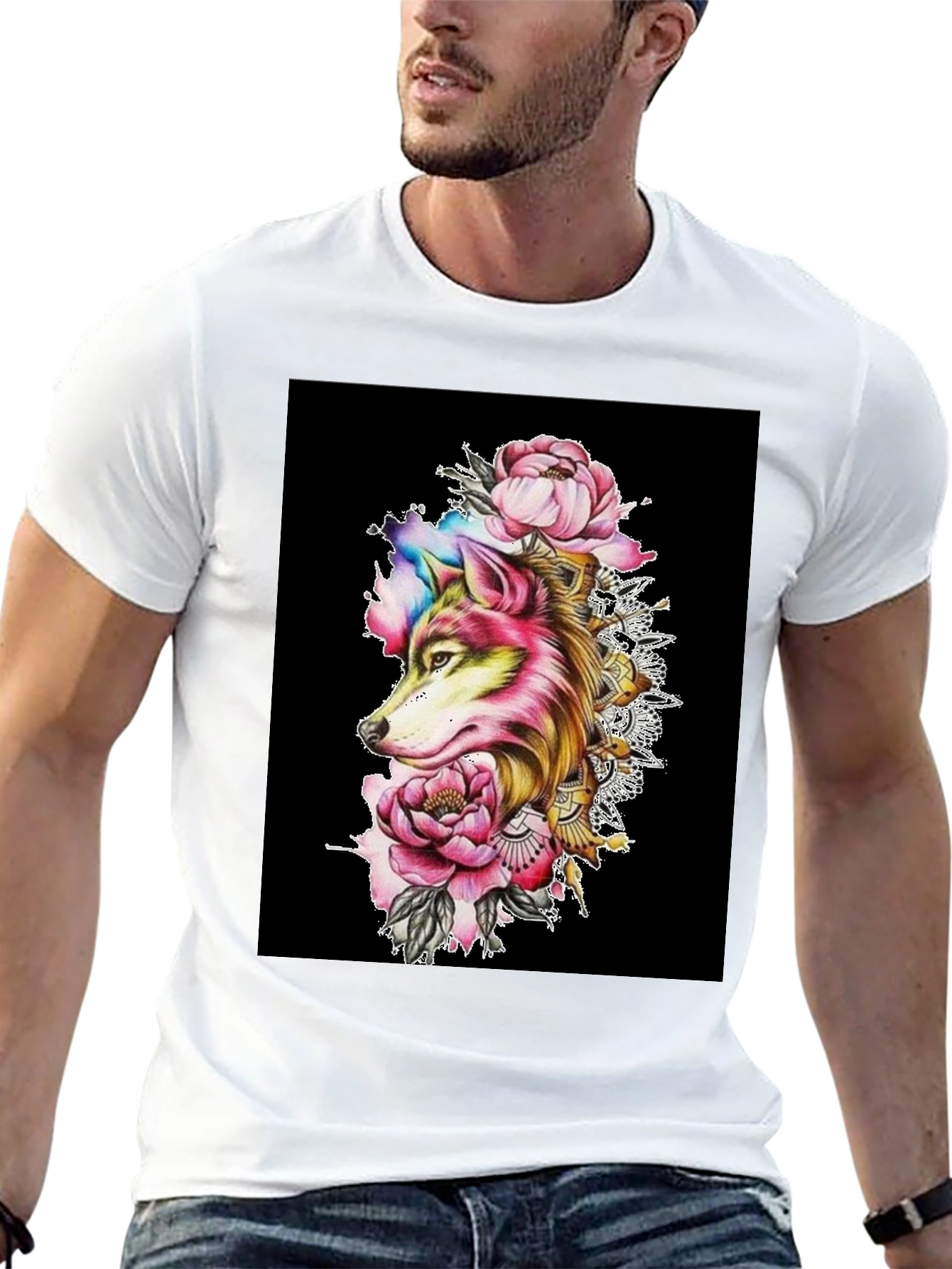 Wolf & Floral Graphic Black T-Shirt