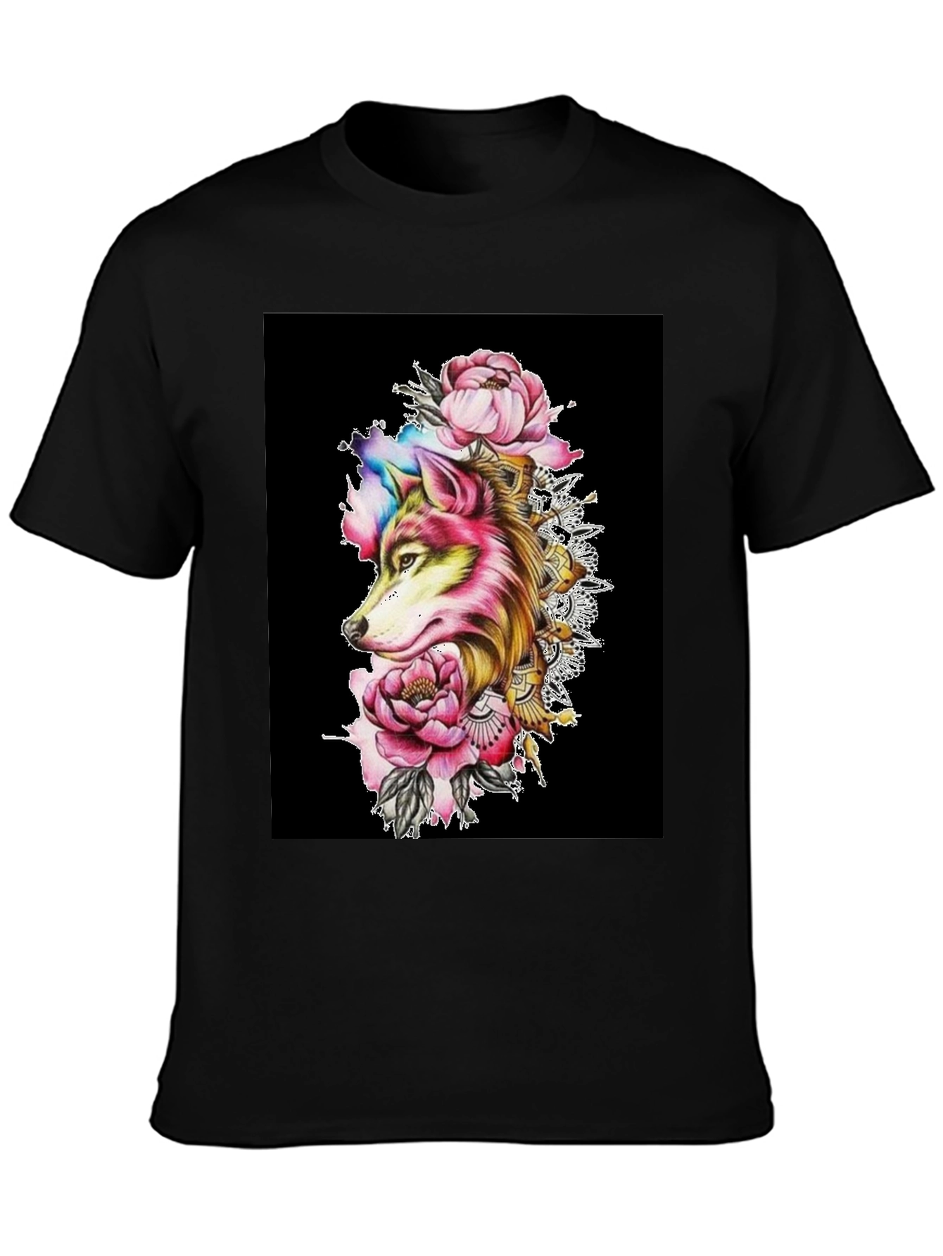 Wolf & Floral Graphic Black T-Shirt