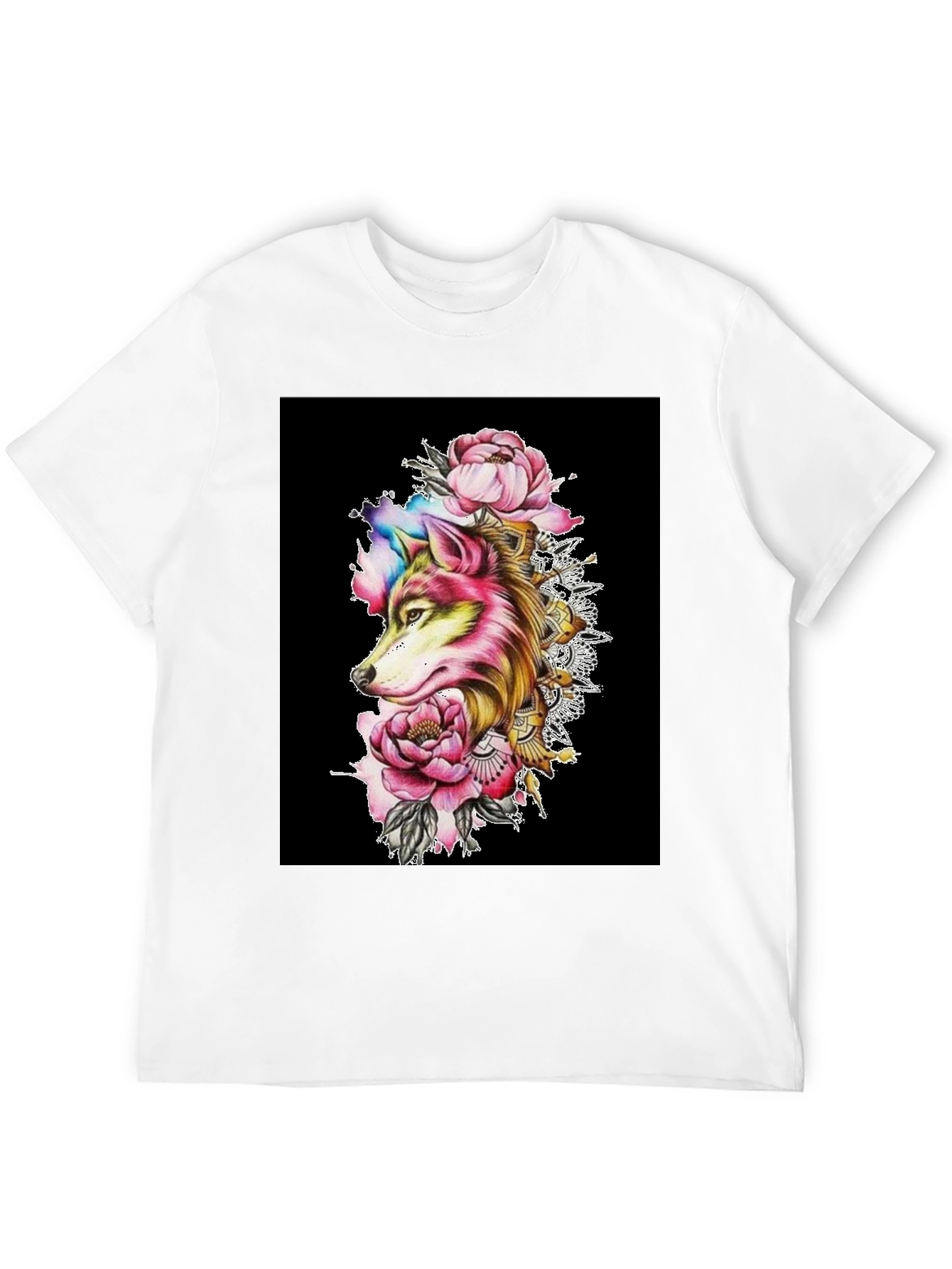 Wolf & Floral Graphic Black T-Shirt