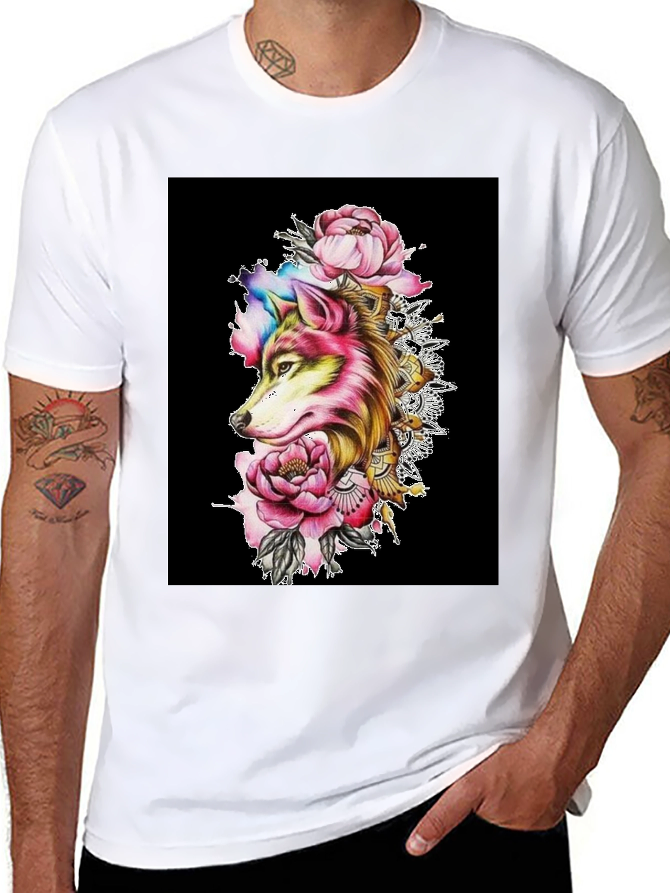 Wolf & Floral Graphic Black T-Shirt