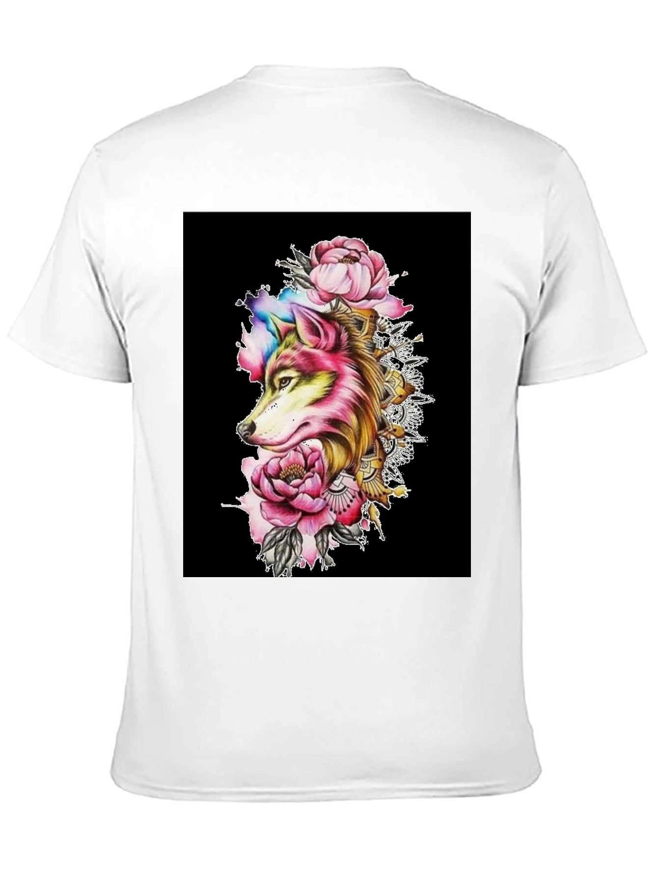 Wolf & Floral Graphic Black T-Shirt