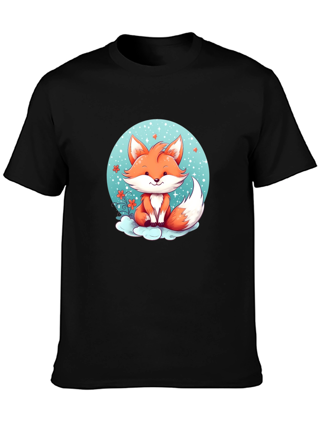 Cute Cartoon Fox Black T-Shirt