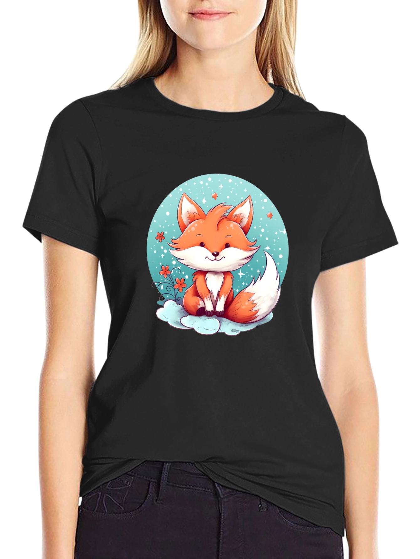 Cute Cartoon Fox Black T-Shirt