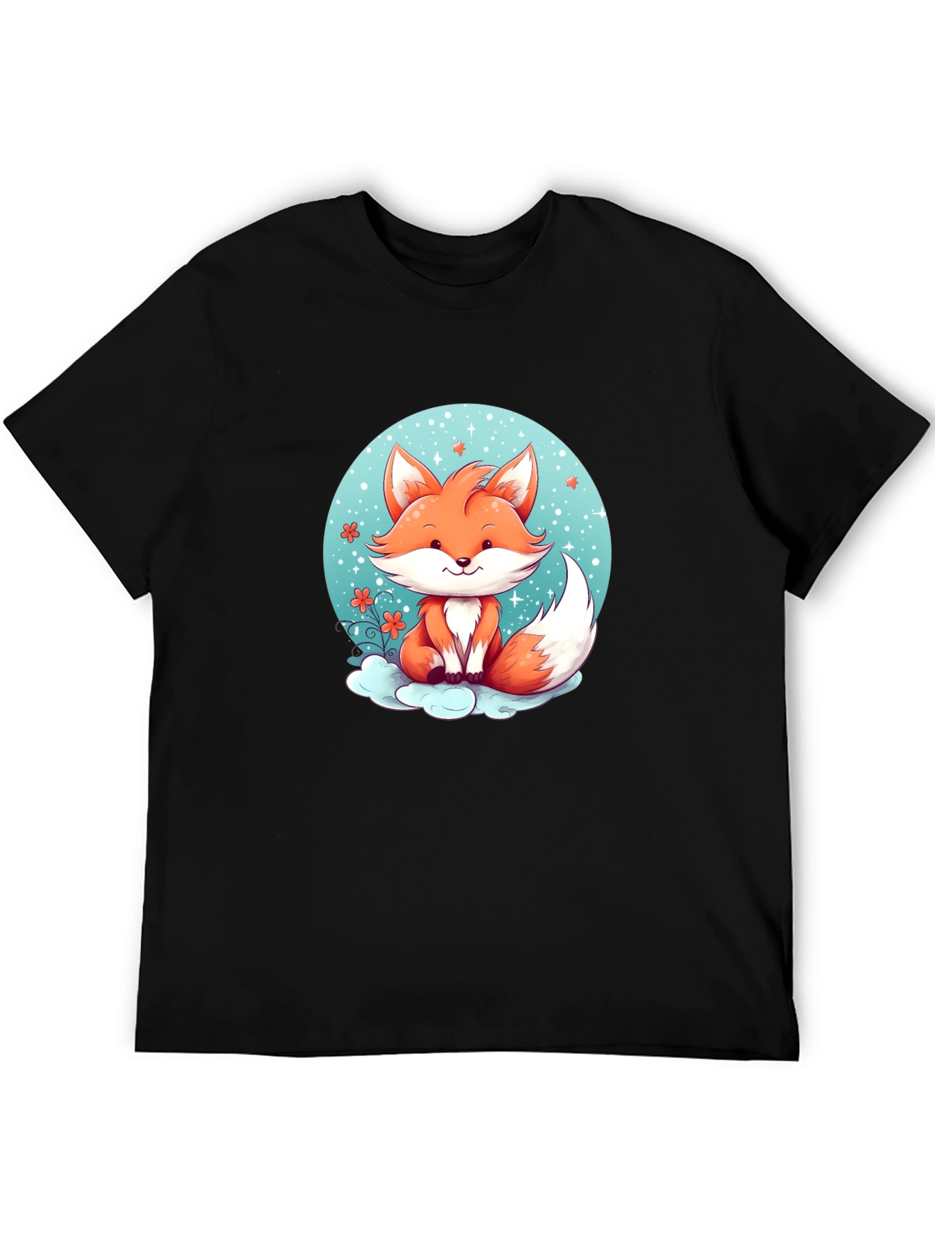 Cute Cartoon Fox Black T-Shirt